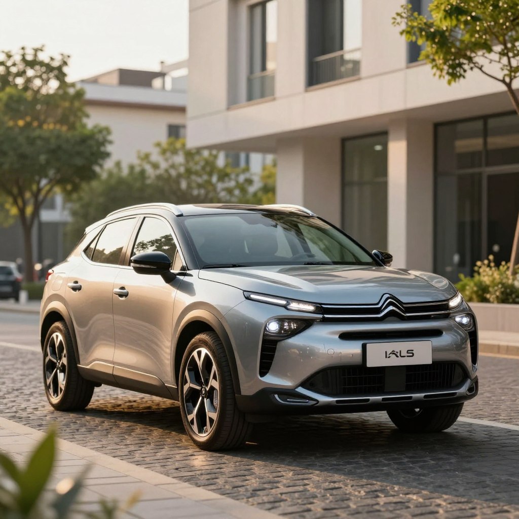 A sleek Citroën C5 Aircross 2026 parked in an upscale urban environment, showcasing its modern design and dynamic curves. The SUV's glossy metallic paint gleams under the soft afternoon sunlight, accentuating its bold front grille and distinctive LED headlights. In the foreground, the vehicle stands on a cobblestone street, with hints of greenery from a nearby park framing the scene. In the background, contemporary architecture adds a stylish urban context. The shot is taken from a low angle, emphasizing the vehicle’s height and presence. Warm, inviting lighting enhances the overall sense of sophistication and innovation, evoking excitement and admiration for this French SUV. A sleek Citroën C5 Aircross 2026 parked in an upscale urban environment, showcasing its modern design and dynamic curves. The SUV's glossy metallic paint gleams under the soft afternoon sunlight, accentuating its bold front grille and distinctive LED headlights. In the foreground, the vehicle stands on a cobblestone street, with hints of greenery from a nearby park framing the scene. In the background, contemporary architecture adds a stylish urban context. The shot is taken from a low angle, emphasizing the vehicle’s height and presence. Warm, inviting lighting enhances the overall sense of sophistication and innovation, evoking excitement and admiration for this French SUV.