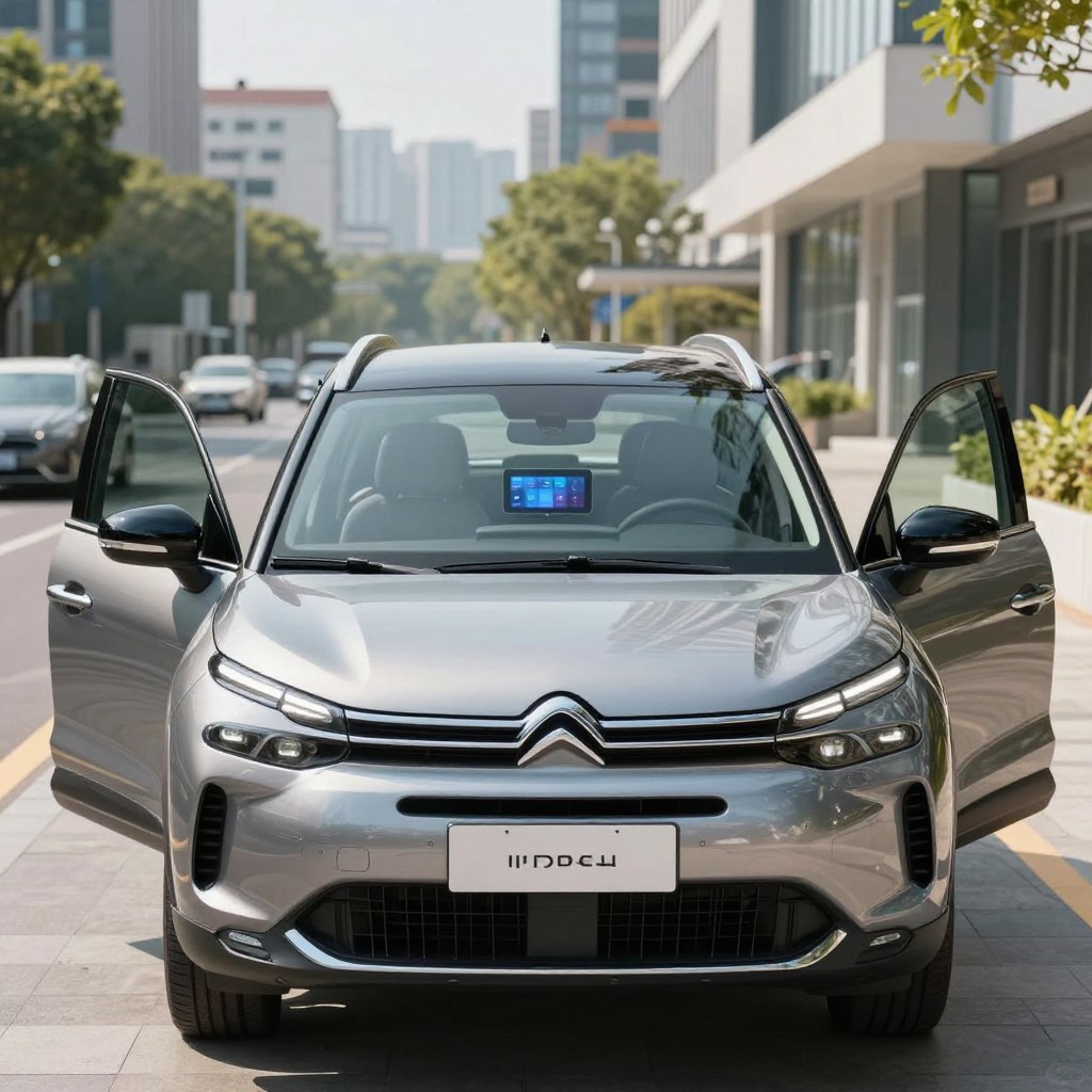 A sleek Citroën Grand C4 Picasso positioned prominently in a modern urban environment, showcasing its innovative embedded technology. In the foreground, the vehicle's glossy exterior reflects sunlight, highlighting its contemporary design features like the distinctive LED headlights and dynamic lines. In the middle ground, a high-tech dashboard with a digital display can be seen through the open doors, emphasizing its advanced infotainment system and user-friendly interface. The background features a stylish cityscape, with soft-focus buildings and greenery that enhance the futuristic ambience. The image is illuminated with bright, natural daylight, creating a vibrant and inviting atmosphere. Use a wide-angle lens to encapsulate the full essence of the vehicle and its surroundings.