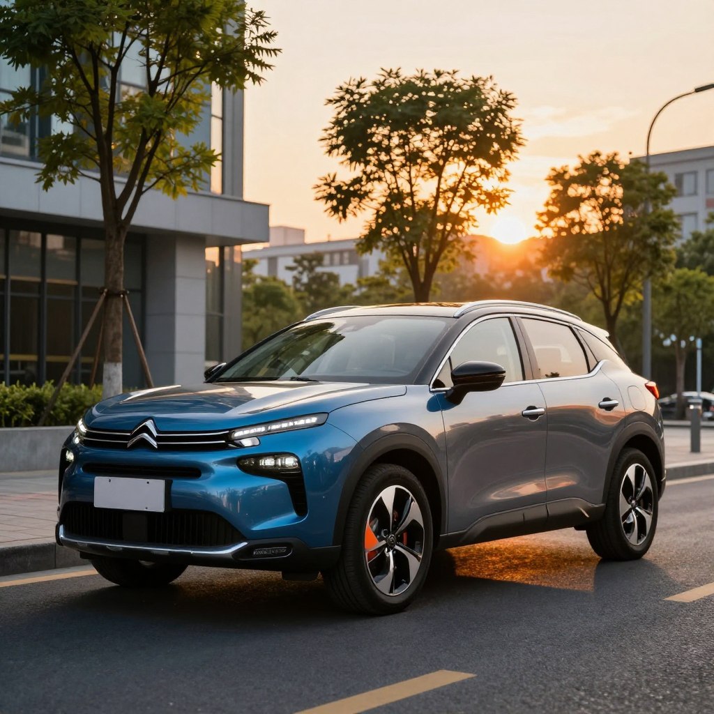 A sleek Citroën Prix 2 SUV, elegantly parked in a vibrant urban setting during golden hour, showcasing its stunning array of colors including deep blue, metallic silver, and vibrant orange accents. In the foreground, emphasize the SUV's luxurious design features, like its smooth curves and modern front grille. The middle ground features stylish trees and contemporary architecture that complement the vehicle's aesthetic. In the background, the sun sets, casting a warm glow that enhances the SUV's appearance while reflecting on its polished surfaces. The atmosphere is one of sophistication and modernity, illustrating a perfect balance of luxury and approachability. Capture from a low angle for an imposing view, with soft lighting to create an inviting ambiance.