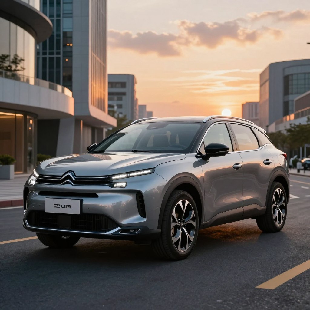 A sleek Citroën Prix 2 SUV is depicted in the foreground, showcasing its modern design and cutting-edge technology features, such as a high-tech dashboard and advanced infotainment system. The vehicle's sharp lines and bold grille are highlighted, reflecting luxury and performance. In the middle ground, an innovative urban setting, with futuristic buildings and clean streets, emphasizes the SUV's adaptability to modern lifestyles. The background features a sunset sky, casting warm light that reflects off the vehicle’s polished surface, creating an inviting and dynamic atmosphere. The image is captured from a low angle, accentuating the SUV’s stature and presence. The overall mood is one of sophistication, blending performance with advanced technology in a vibrant, urban context.