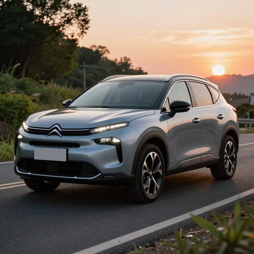 A sleek Citroën Prix 2 SUV is the focal point, positioned at a dynamic angle to showcase its smooth curves and luxurious features. The foreground highlights its elegant headlights, gleaming with a soft, ambient light. In the middle ground, the SUV is parked on a scenic road surrounded by lush greenery, emphasizing its blend of sophistication and rugged capability. The background features a stunning sunset, casting warm hues that reflect off the car's polished surface, creating an inviting mood. The composition should evoke a sense of comfort and confidence in driving this vehicle. Use a shallow depth of field to keep the focus on the SUV while gently blurring the natural surroundings, capturing the essence of luxury and performance seamlessly.