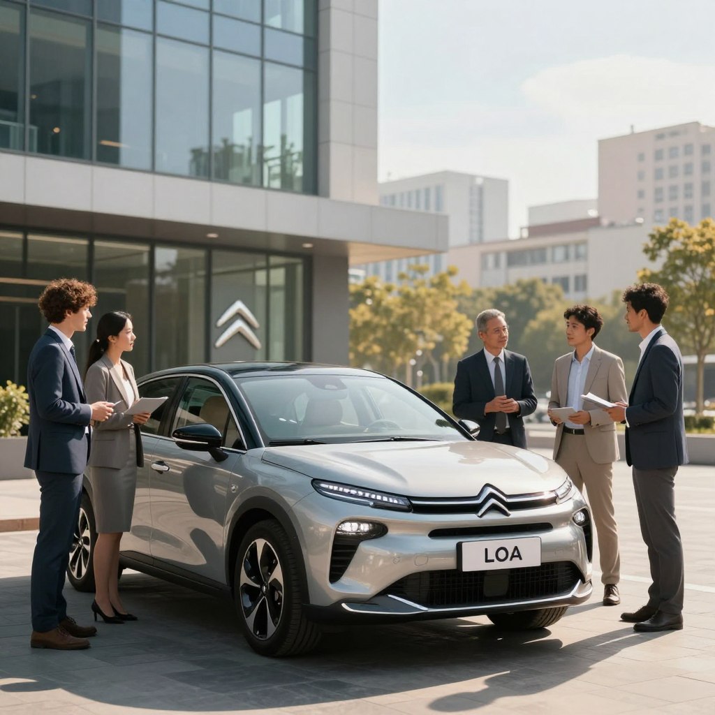 A sleek Citroën car parked elegantly outside a modern office building, showcasing the futuristic design of the vehicle that symbolizes the advantages of leasing with LOA. In the foreground, a diverse group of professionals in business attire discusses the vehicle enthusiastically, highlighting camaraderie. The middle ground features the Citroën logo subtly integrated into the scene. The background has soft-focus elements of the surrounding urban landscape under a bright, sunny sky, enhancing the feeling of modernity and innovation. The lighting is warm and inviting, creating a positive atmosphere. Capture this scene from a slightly elevated angle to emphasize both the car and the engaged professionals, conveying a sense of trust and satisfaction in the LOA leasing process.