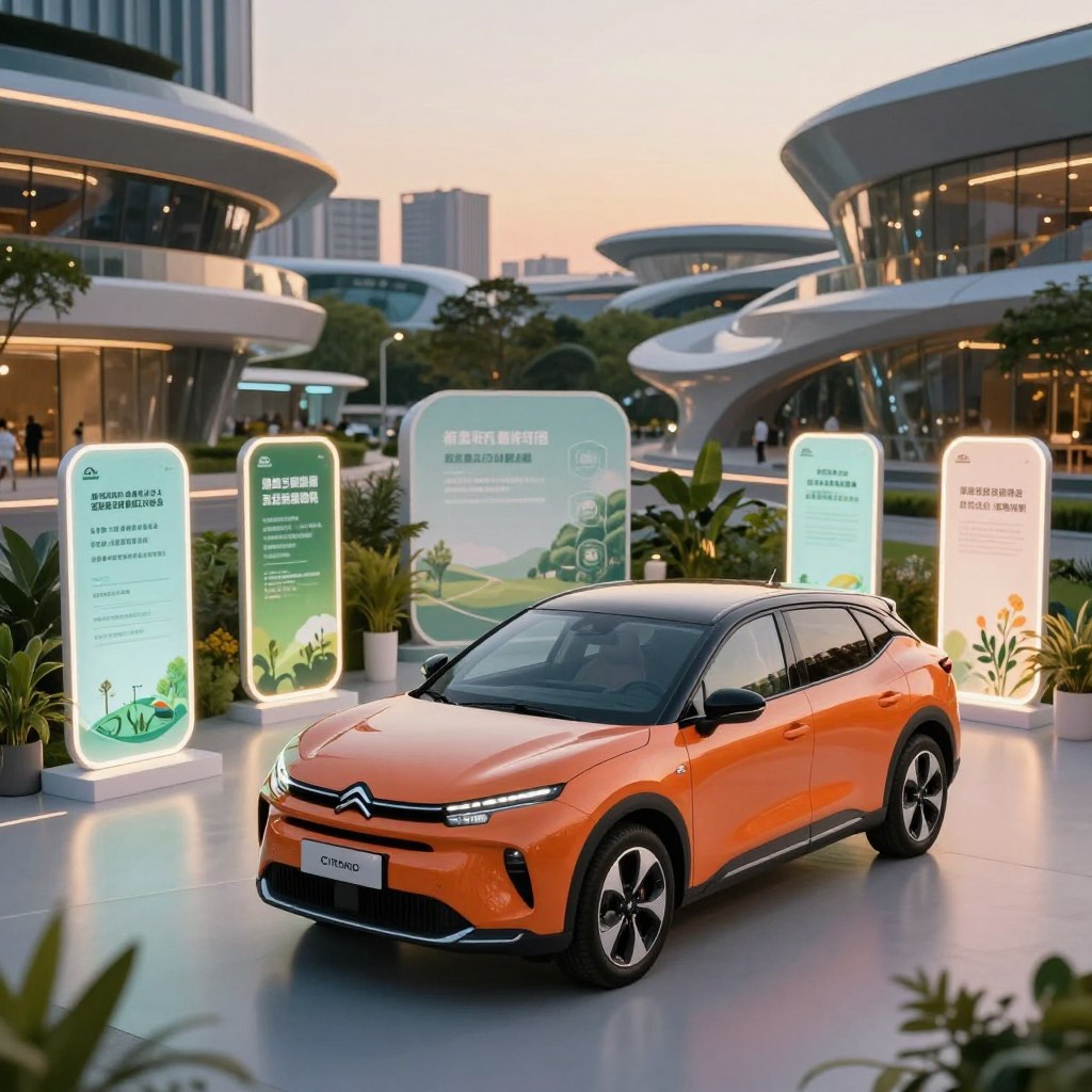 A sleek Citroën electric vehicle prominently featured in the foreground, showcasing its innovative design with vibrant colors and futuristic lines. Surrounding the car, an inviting atmosphere of excitement, with soft glowing lights emphasizing the elegance of the vehicle. In the middle ground, various promotions displayed creatively, like holographic tags projecting attractive offers, surrounded by greenery, conveying an eco-friendly ambiance. The background features a modern urban landscape with dynamic, futuristic architecture bathed in warm dusk light, creating a sense of advancement and possibility. The scene has a professional yet inviting mood, ideal for promoting electric vehicles in 2026. High-angle shot, soft depth of field to keep the focus on the car and promotions, with bright, warm lighting to convey optimism and innovation.