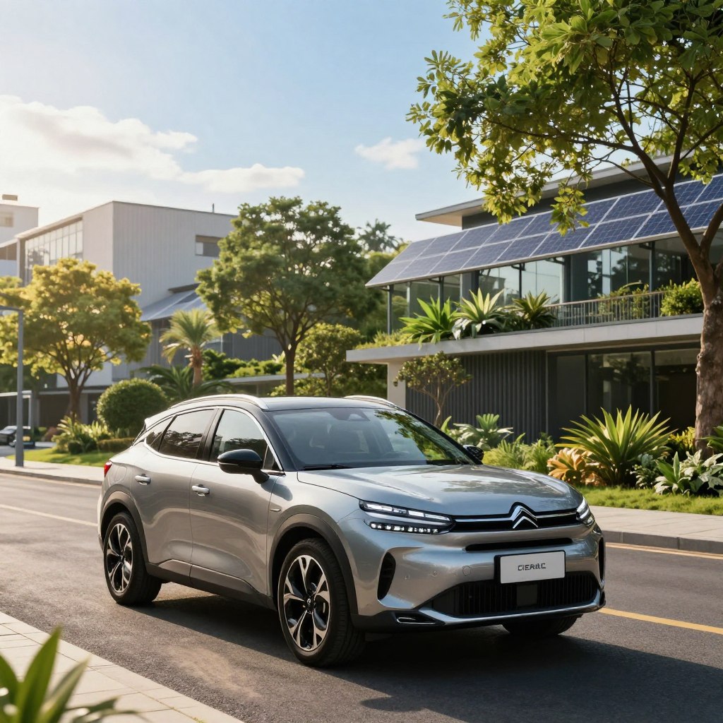 A sleek Citroën hybrid SUV parked confidently on a modern, eco-friendly street. In the foreground, focus on the SUV's elegant contours, showcasing its aerodynamic design and distinctive branding. The middle layer reveals the city's vibrant greenery, with landscaped gardens and solar panels integrated into buildings, emphasizing sustainability. In the background, capture a bright blue sky and soft, golden sunlight filtering through the trees, casting a warm glow on the scene. Use a wide-angle perspective to create depth, highlighting the balance between urban living and ecological harmony. The overall mood is one of luxury, innovation, and environmental awareness, making a statement about modern, sustainable transportation.