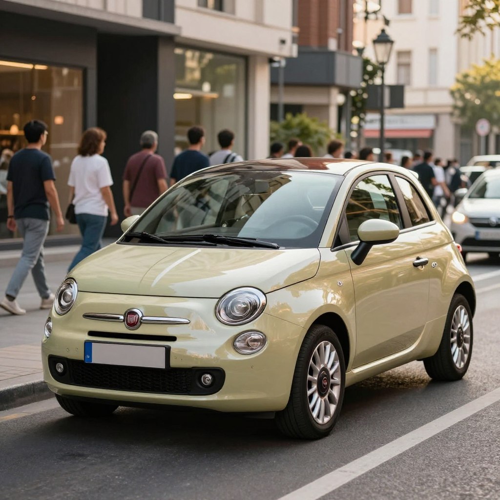 A sleek Fiat 500 in diesel configuration, parked on a bustling city street, showcasing its iconic Italian design. The car features a glossy, vibrant color, reflecting the sunlight in a modern urban environment. In the foreground, the detailed front grille and stylish headlights draw the viewer in. The middle ground displays pedestrians in modest casual attire, appreciating the car's charm as they walk by. The background features trendy city architecture, with a hint of green plants adding life to the scene. Soft, warm sunlight casts gentle shadows, creating an inviting atmosphere. A wide-angle lens captures the entire scene beautifully, emphasizing the Fiat 500's role amidst the competition in the city car market.