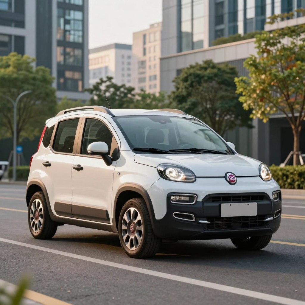 A sleek Fiat Panda parked in a modern city setting, showcasing its unique exterior design features. In the foreground, the stylish curves and distinctive front grille are highlighted, emphasizing the car's compact yet robust structure. The mid-ground reveals the vibrant cityscape, with contemporary architecture and greenery creating a lively backdrop. The light is soft and warm, suggesting a late afternoon sun, casting gentle shadows on the vehicle, enhancing its lines. Use a low angle shot to create an empowering perspective of the Fiat Panda, accentuating its bold stance. The atmosphere is energetic yet approachable, reflecting the car's friendly character. Avoid any text or watermarks; focus solely on the visual appeal of the car and its environment.