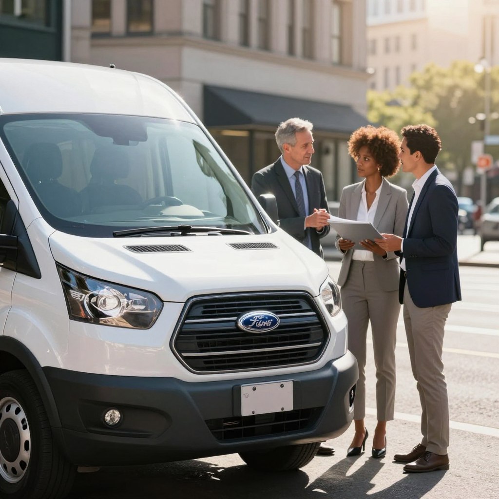 A sleek Ford Transit van parked in an urban setting, showcasing its modern design and practicality. In the foreground, the van's distinctive grille and headlights are highlighted, reflecting the polished surface and metallic paint. The middle ground features a diverse group of three users of various ethnicities, dressed in professional business attire, discussing their experiences with the vehicle. The background includes a bustling city street with soft focus, capturing the essence of urban utility. The lighting is bright and natural, suggesting a sunny day, while a slight lens flare adds warmth to the scene. The overall mood conveys a sense of community and trust in the Ford Transit as a reliable choice for utility needs.