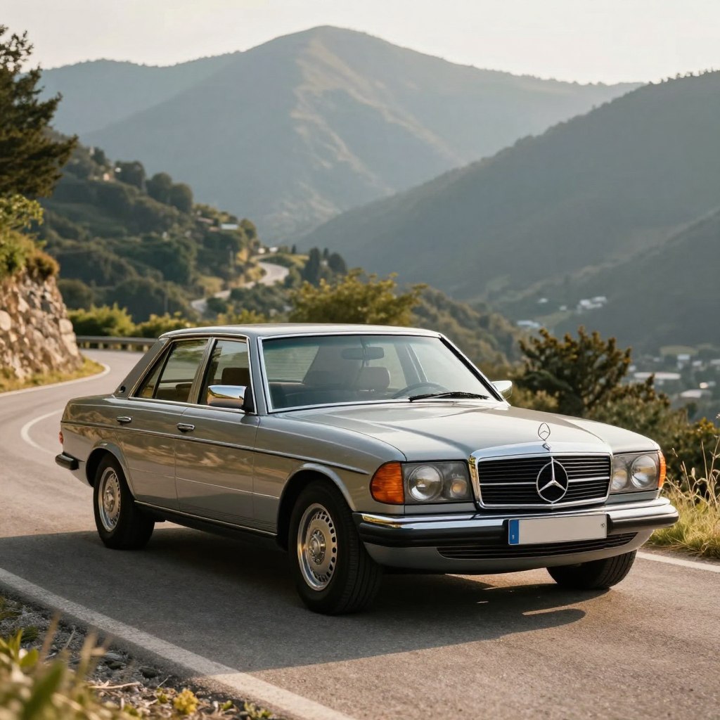 A sleek Mercedes W123, showcasing its timeless elegance and performance, parked confidently on a winding mountain road. In the foreground, the car glints in natural light, highlighting its classic lines and chrome accents. The middle ground features a picturesque landscape with greenery and distant mountains, setting an invigorating atmosphere. Capture this scene at a low angle to emphasize the car's stance and power, using a wide-angle lens to bring depth to the composition. The lighting should be warm and inviting, suggesting a late afternoon sun that casts gentle shadows. The overall mood evokes a sense of nostalgia and admiration for automotive engineering excellence.