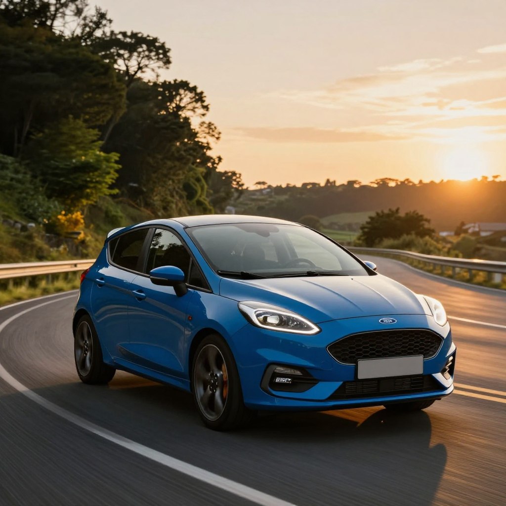 A sleek and dynamic 2026 Ford Fiesta performance model is showcased in the foreground, emphasizing its sporty contours and aerodynamic design. The car is painted in a vibrant electric blue with racing stripes, highlighting its agility. In the middle ground, a winding road is lined with lush greenery, hinting at an exhilarating driving experience. The background features an early evening sunset, casting dramatic shadows and a warm golden glow, enhancing the sporty tone. The image should be captured from a low angle, showcasing the car’s aggressive stance while maintaining a sense of motion. The overall atmosphere is energetic and thrilling, reflecting the performance capabilities of the Ford Fiesta 2026.
