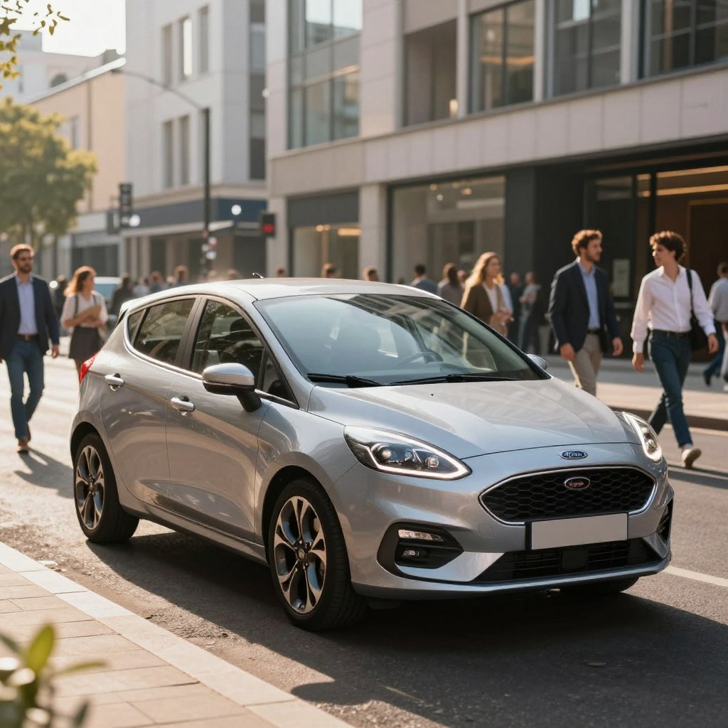 A sleek and modern 2026 Ford Fiesta parked on a vibrant city street, showcasing its dynamic lines and compact design. The foreground features the car at an angle, highlighting its glossy paint and innovative features like LED headlights and a stylish grille. In the middle ground, pedestrians dressed in professional attire walk past, casually interacting and admiring the vehicle. The background includes contemporary buildings and a blue sky, suggesting an energetic urban environment. Soft afternoon sunlight casts warm tones, creating an inviting atmosphere. The perspective should be slightly low, emphasizing the car's stature while keeping the scene lively and engaging, perfect for illustrating user impressions of the 2026 Ford Fiesta.