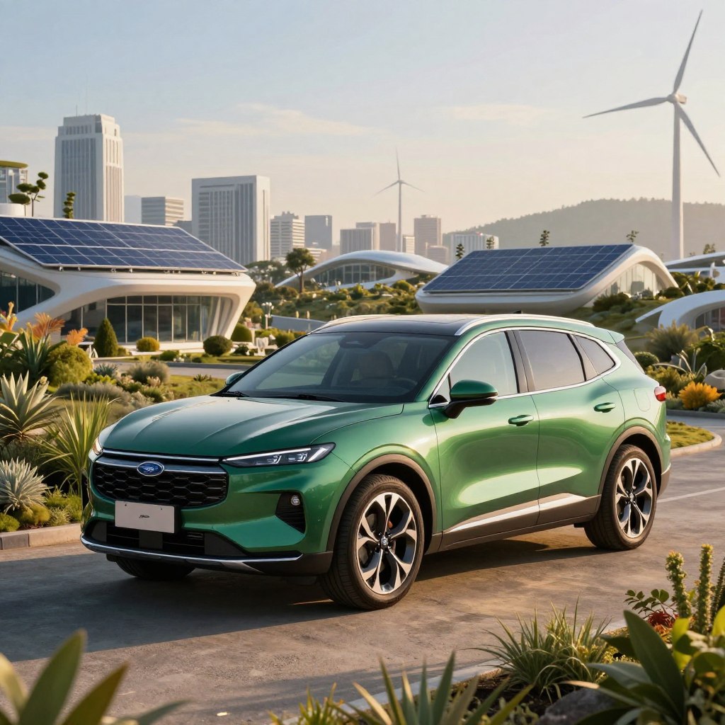 A sleek and modern 2026 Ford SUV is prominently featured in the foreground, showcasing its eco-friendly design with smooth aerodynamic lines and a vibrant green color. The vehicle is parked on a landscaped area filled with native plants to emphasize sustainability. In the middle ground, a futuristic cityscape can be seen, with solar panels on rooftops and wind turbines in the distance, illustrating an eco-conscious urban environment. Soft sunlight bathes the scene, creating a warm, inviting atmosphere while casting gentle shadows. The angle captures the SUV from a low perspective, accentuating its bold stance. The overall mood is optimistic and innovative, highlighting the theme of ecology and sustainability in modern automotive design. Avoid any text or branding elements in the image.