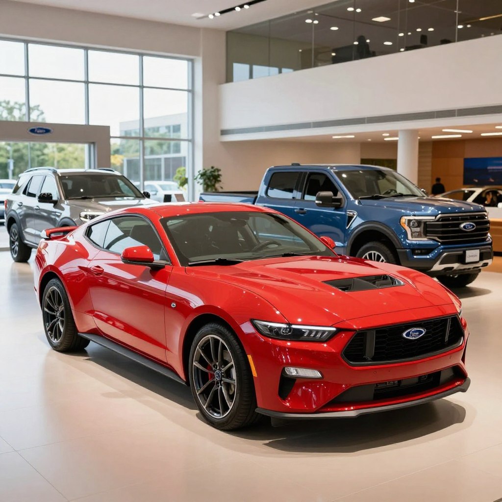 A sleek and modern 2026 Ford vehicle lineup displayed prominently in a luxurious car dealership showroom. In the foreground, a striking 2026 Ford Mustang, showcasing its aggressive design and vibrant red color, captures attention. The middle ground features other models, such as the Ford Explorer and Ford F-150, each showcasing unique features and appealing finishes. The background includes large glass windows allowing natural light to pour in, casting soft reflections on the polished floor, enhancing the sporty elegance of the cars. The mood is sophisticated and aspirational, reflecting potential buyers' excitement. The lighting is bright yet warm, emulating an inviting atmosphere. The angle captures an enticing perspective, emphasizing the sleek lines of the vehicles without any text or distractions.