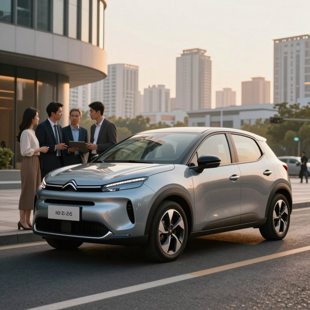 A sleek and modern Citroën C2 2026 electric car in the foreground, showcasing its stylish design with smooth curves and a futuristic color palette. The car is parked on an urban street, reflecting contemporary architecture that conveys a sense of innovation. In the middle ground, a few pedestrians dressed in professional attire are admiring the vehicle, discussing its features and price. The background features a bright city skyline, illuminated by soft, golden hour lighting that creates a warm and inviting atmosphere. The camera angle is slightly elevated, capturing the car’s silhouette against the sky while ensuring the surrounding urban environment enhances the car's modern appeal. The mood is optimistic and forward-thinking, emphasizing the transition to electric vehicles.