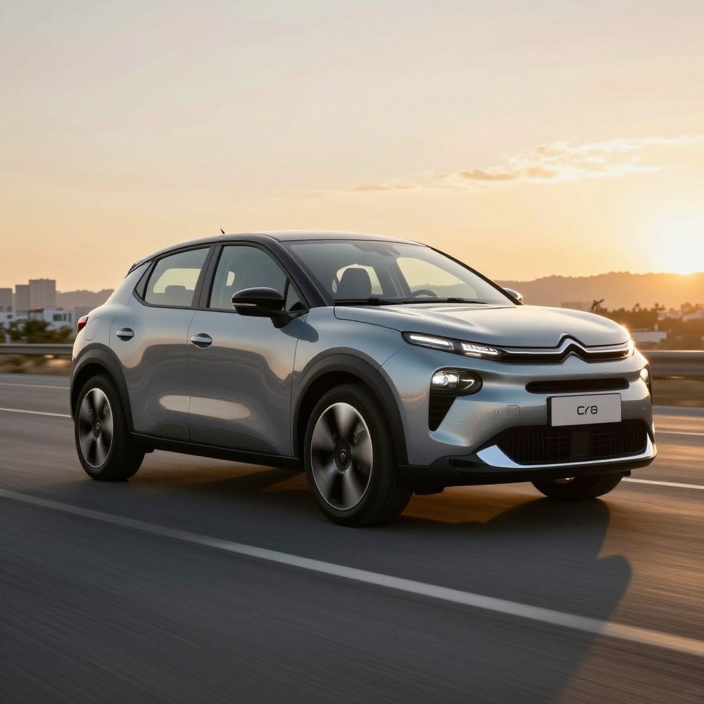 A sleek and modern Citroën C3 2026 captured in a dynamic side view, showcasing its innovative design and performance features. The foreground highlights the shiny metallic finish and distinctive grille, with intricate headlight details emphasizing its futuristic appeal. In the middle ground, depict the vehicle on an open road with blurred motion effects that suggest speed and efficiency, symbolizing its advanced motorisation. The background features a scenic urban landscape at sunset, casting warm, golden light that enhances the vehicle's contours. Use a slight low-angle perspective to accentuate the car's sporty stance. The mood is energetic and aspirational, inviting viewers to imagine the thrill of driving this next-generation model.