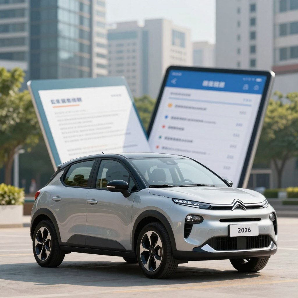 A sleek and modern Citroën C3 2026, showcasing its innovative design and features in a bright urban environment. The car is parked gracefully in the foreground, with its contours highlighted by soft natural lighting. In the middle ground, include a subtle representation of a financial brochure or laptop displaying financing options, suggesting business and financial considerations. The background features a dynamic cityscape with tall buildings and greenery, creating a vibrant atmosphere. Capture the scene from a slightly low angle to emphasize the car's modernity and appeal. The overall mood should be optimistic and professional, reflecting contemporary life and the excitement of acquiring a new vehicle. The image should be clean and focused, without any text or distractions.