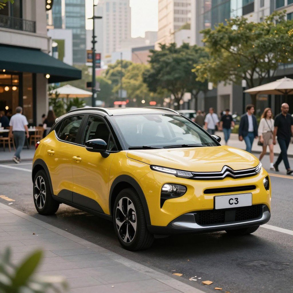 A sleek and modern Citroën C3 LOA parked on a stylish urban street, showcasing its vibrant color and distinctive design. In the foreground, highlight the well-defined lines and iconic grille of the car, capturing the essence of contemporary automotive aesthetics. The middle ground features the bustling city environment, with trendy cafés and pedestrians dressed in smart casual attire, portraying a lively atmosphere. In the background, slightly blurred skyscrapers and greenery create a harmonious backdrop, enhancing the urban setting. The image is illuminated by soft, natural daylight, simulating an early afternoon scene, with vibrant reflections on the car's surface. The angle is slightly low, emphasizing the stylish contours of the Citroën C3, inviting viewers to appreciate its modern sophistication.
