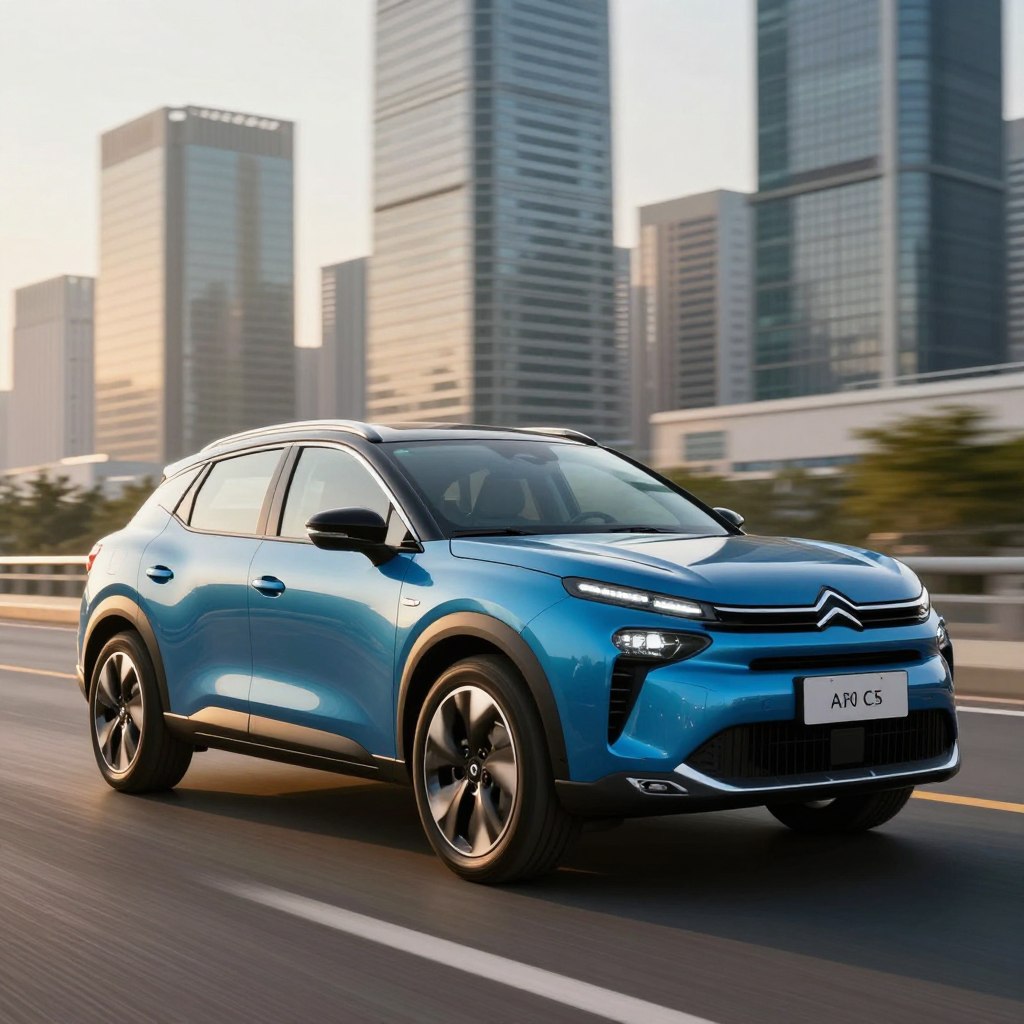 A sleek and modern Citroën C5 Aircross 2026, positioned prominently in the foreground, showcasing its aerodynamic contours and distinctive styling. The vehicle is painted in a striking metallic blue, contrasted by bold black trim and alloy wheels. The interior is subtly visible through the windows, displaying high-tech features and comfortable seating. In the middle ground, a dynamic urban backdrop features blurred skyscrapers, hinting at speed and energy. The scene is bathed in late afternoon sunlight, creating dramatic shadows and highlights that emphasize the car's design. Use a wide-angle lens perspective to enhance the sense of space and motion, evoking a mood of innovation and performance. The atmosphere should feel vibrant and forward-looking, ideal for showcasing cutting-edge motorisation. A sleek and modern Citroën C5 Aircross 2026, positioned prominently in the foreground, showcasing its aerodynamic contours and distinctive styling. The vehicle is painted in a striking metallic blue, contrasted by bold black trim and alloy wheels. The interior is subtly visible through the windows, displaying high-tech features and comfortable seating. In the middle ground, a dynamic urban backdrop features blurred skyscrapers, hinting at speed and energy. The scene is bathed in late afternoon sunlight, creating dramatic shadows and highlights that emphasize the car's design. Use a wide-angle lens perspective to enhance the sense of space and motion, evoking a mood of innovation and performance. The atmosphere should feel vibrant and forward-looking, ideal for showcasing cutting-edge motorisation.