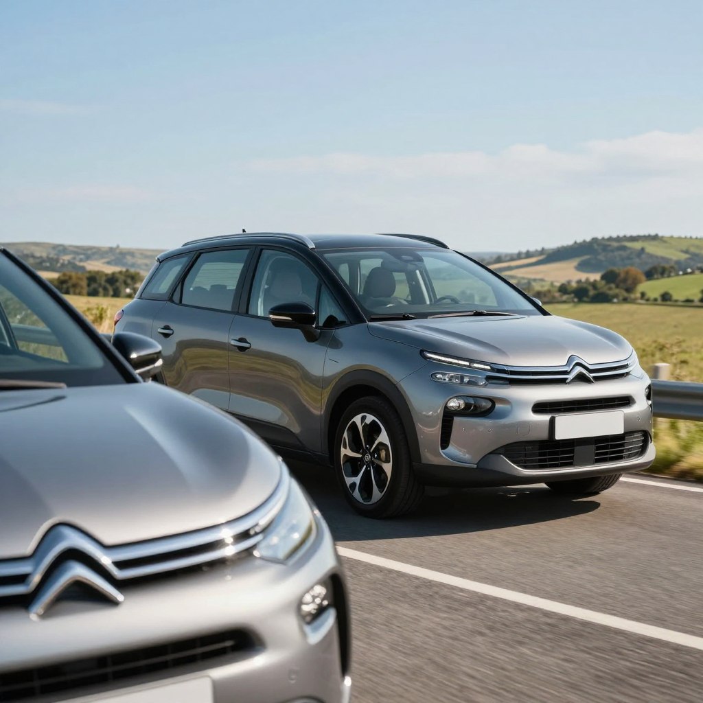 A sleek and modern Citroën Grand C4 Picasso parked on a scenic road, emphasizing its spacious and versatile design. In the foreground, focus on the vehicle's front profile, showcasing its distinctive grille and headlights, with a slight reflection on the surface. The middle ground features the car in a dynamic pose, hinting at motion, while you can see hints of its spacious interior through tinted windows. In the background, depict a serene countryside setting with soft hills and a clear blue sky, capturing a sense of safety and tranquility. Use bright, natural lighting to evoke a positive and inviting atmosphere, and angle the shot slightly from a low perspective for dramatic effect.