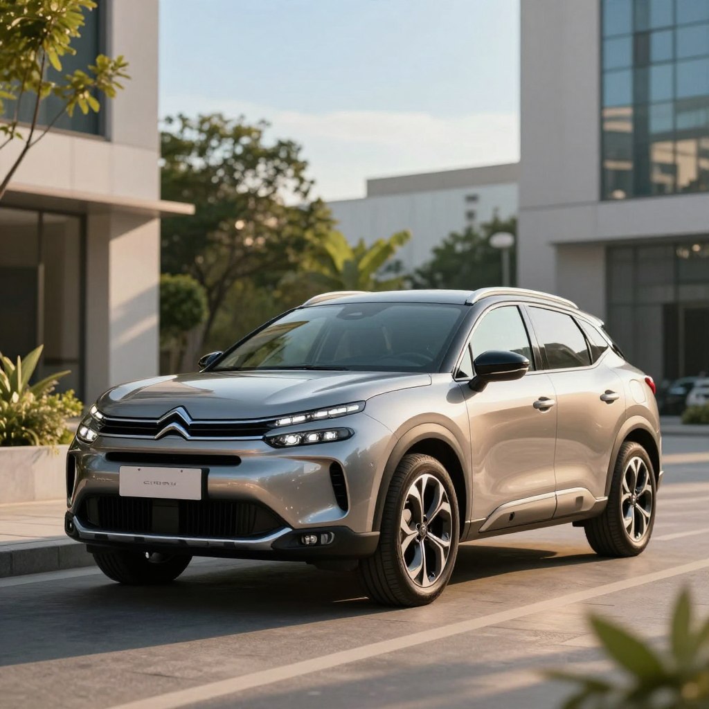 A sleek and modern Citroën Prix 2 SUV parked in an upscale urban environment, showcasing its elegant lines and luxury features. In the foreground, the shiny metallic surface reflects the sunlight, highlighting the distinctive Citroën grille and sculpted body. In the middle ground, soft-focus greenery and contemporary architecture frame the vehicle, adding to the premium ambiance. The background features a clear blue sky accentuated by gentle, warm sunlight, creating an inviting mood. Capture the scene from a low angle to emphasize the SUV's robust stance and performance. The overall atmosphere should evoke feelings of sophistication and professionalism, perfect for a setting that signifies luxury and financial choices.