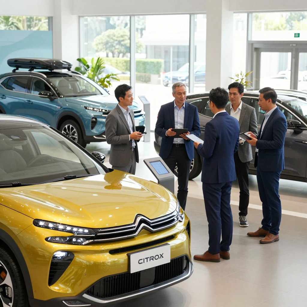 A sleek and modern Citroën showroom in 2026, featuring the latest models displayed prominently in the foreground, showcasing their innovative design and vibrant colors. The middle ground includes a group of diverse experts engaged in discussion, dressed in professional business attire, analyzing price charts on tablets. The background consists of large glass windows allowing natural light to flood the space, enhancing the shiny surfaces of the vehicles. The scene should invoke a sense of anticipation and professionalism, with a clean, well-organized atmosphere. Use bright, natural lighting to create an optimistic mood, capturing the essence of automotive innovation and consumer excitement for upcoming Citroën models. The perspective should be slightly elevated, offering a comprehensive view of both the cars and the expert discussions.