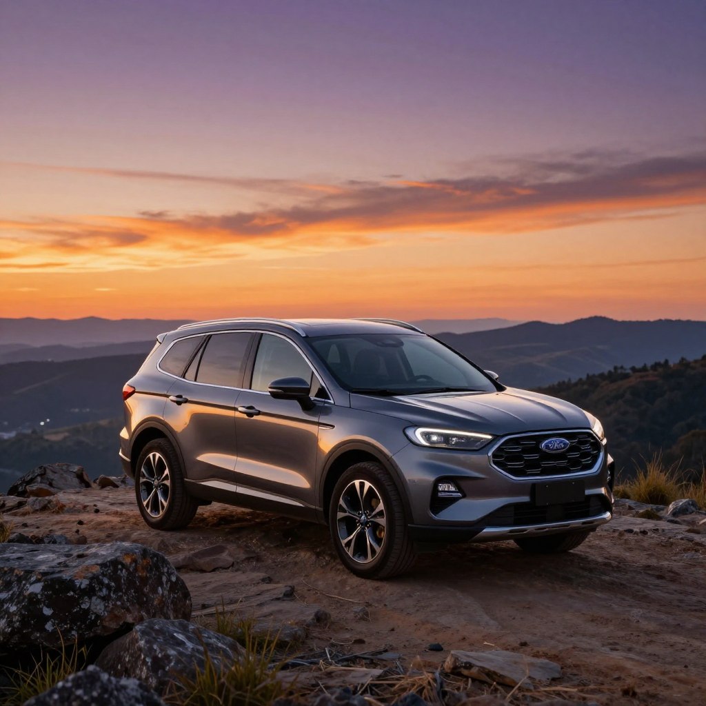 A sleek and modern Ford SUV parked on a rocky cliff overlooking a breathtaking sunset. In the foreground, the SUV's shiny exterior glistens with the warm golden hues of the setting sun, showcasing its elegant lines and stylish design. The middle ground features a rugged, natural landscape with scattered boulders and grass, accentuating the vehicle's adventurous spirit. The background displays a panoramic view of rolling hills and an expansive sky painted in vibrant orange and purple shades. The scene conveys a sense of comfort and performance, embodying the spirit of exploration and luxury that comes with Ford vehicles. Soft, warm lighting enhances the atmosphere, while the angle captures the SUV at a dynamic three-quarter view, adding depth and intrigue to the composition.