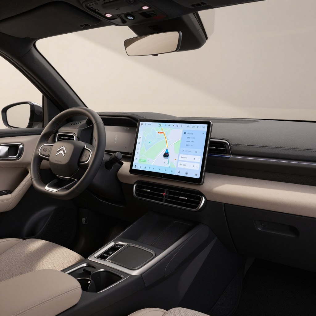 A sleek and modern interior of a Citroën C2 2026, showcasing its advanced infotainment system. The foreground features a high-resolution touchscreen display with vibrant graphics, displaying navigation and connectivity options. In the middle ground, the dashboard is elegantly designed, featuring modern controls and ambient lighting that creates a sophisticated atmosphere. The background includes plush seating made from sustainable materials in a contemporary style, with a panoramic sunroof providing natural light. The scene is well-lit, utilizing soft, ambient lighting to enhance the interior's elegance, captured from a slightly elevated angle to highlight the infotainment system's functionality. The overall mood is futuristic, inviting, and tech-savvy, emphasizing the connectivity features vital to modern drivers.