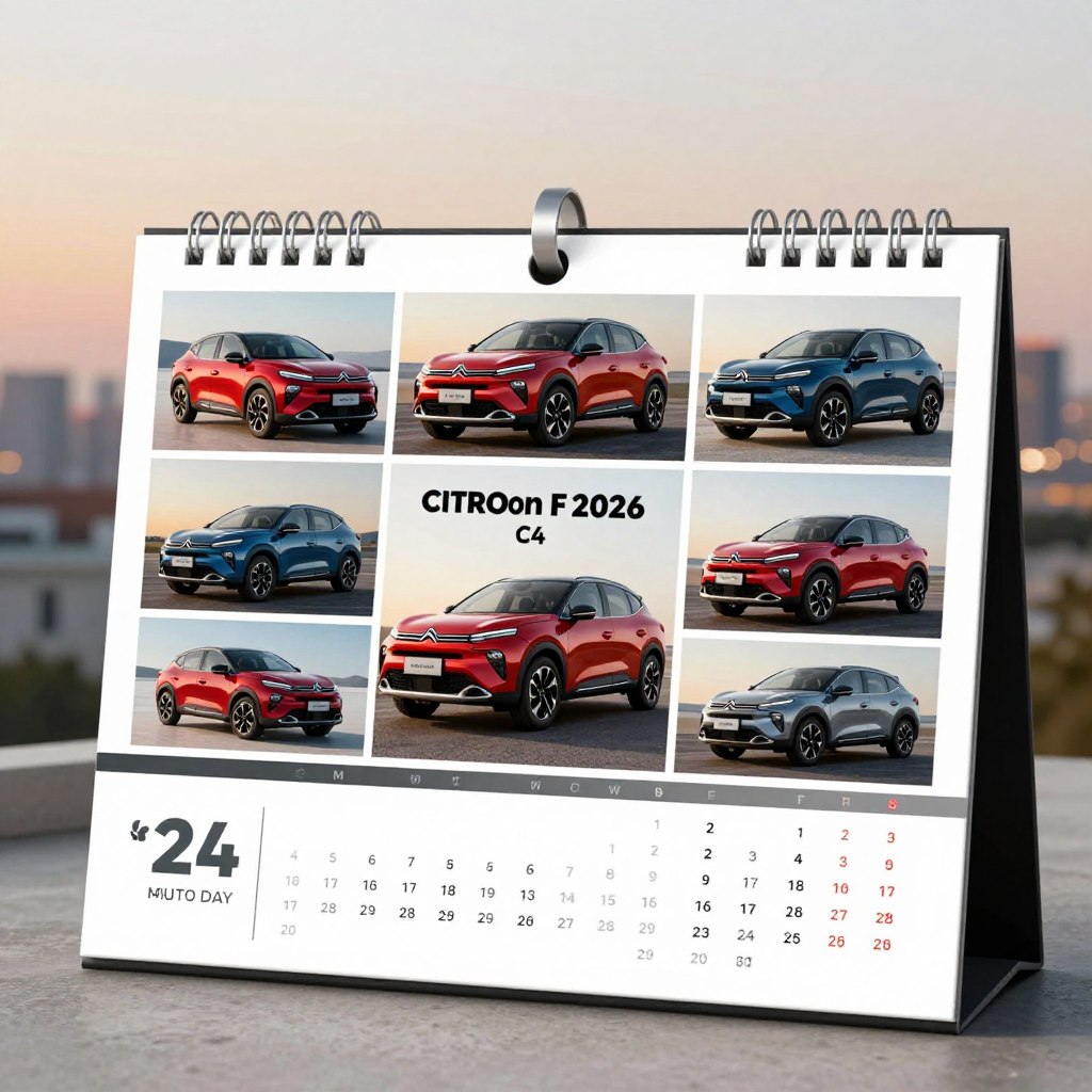 A sleek and modern promotional calendar for Citroën F 2026, featuring vibrant visuals of various Citroën car models, such as the Citroën C4 and C5, beautifully displayed on each month. In the foreground, a stylish calendar page showcases exciting promotional offers, with a clean, structured layout. The middle layer includes elegant graphics of the cars in dynamic poses, highlighting their innovative design. The background consists of a soft, blurred cityscape at dusk, creating a warm, inviting atmosphere. The lighting is bright yet soft, enhancing the cars' glossy finishes. The image captures a sense of excitement and anticipation, perfect for showcasing the duration of promotions.