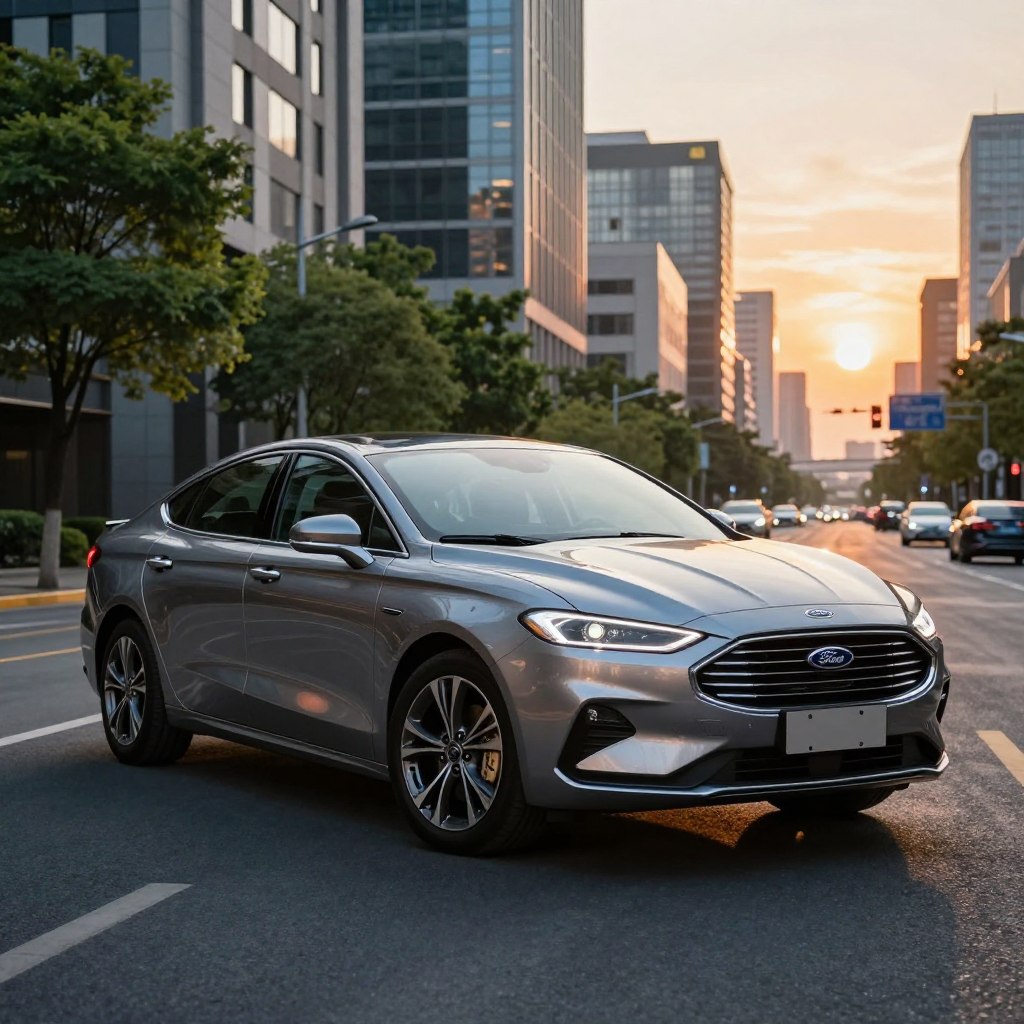 A sleek and stylish 2026 Ford sedan parked in an urban setting, showcasing its modern design. In the foreground, highlight the car's polished exterior with a shiny metallic finish and futuristic LED headlights. The middle ground features the bustling city streets, filled with contemporary buildings and lush greenery, reflecting a vibrant urban lifestyle. In the background, a sunset casts warm golden hues across the scene, adding a dynamic atmosphere. The composition should be shot from a low angle, emphasizing the car's impressive profile and aerodynamic lines. Soft lighting enhances the details of the vehicle while capturing the excitement of the latest Ford lineup. The overall mood is aspirational and energetic, reflecting innovation and sophistication in the automotive world.