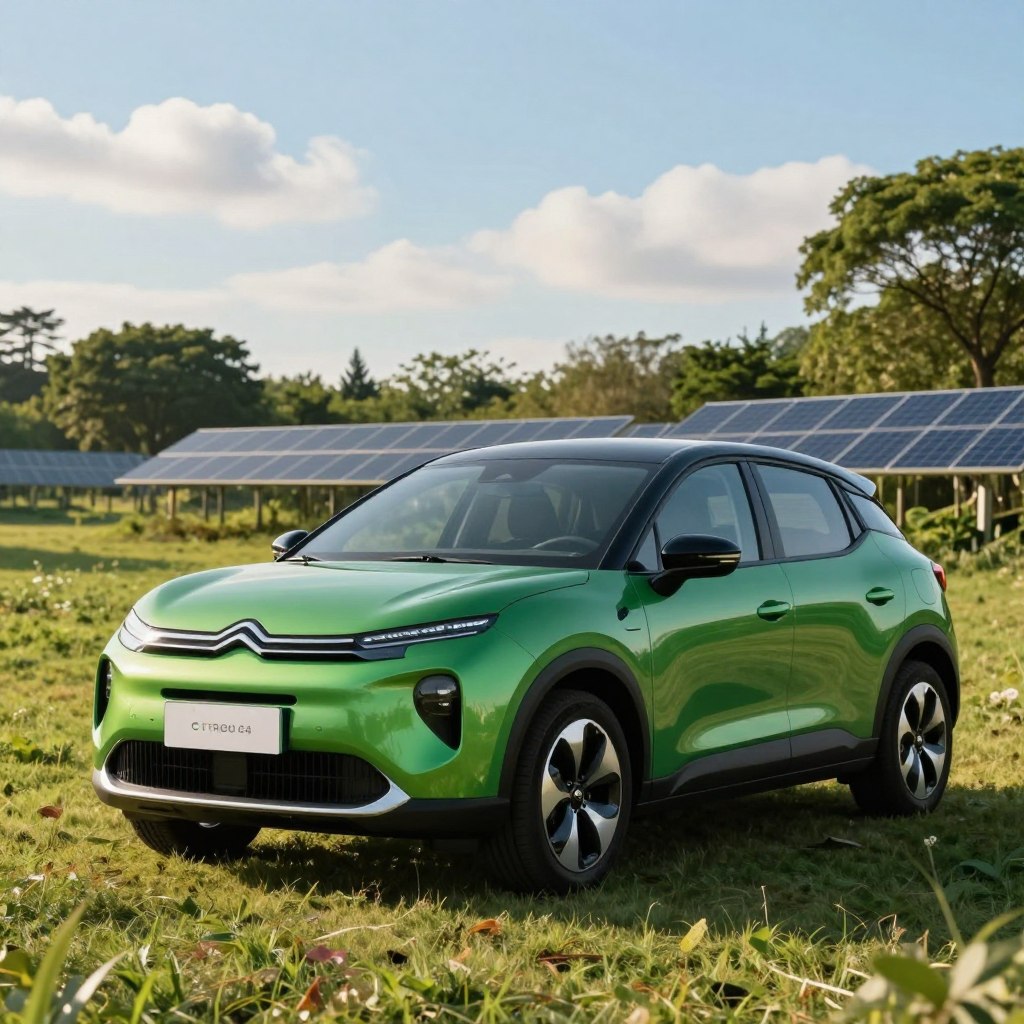 A sleek, eco-friendly vehicle, the Citroën C4 2026, positioned prominently in the foreground, showcasing its aerodynamic curves and sustainable materials. The body reflects a vibrant green hue, symbolizing its eco-responsibility, with accents of recycled elements. In the middle ground, a lush, green landscape features trees and solar panels, emphasizing a commitment to sustainability. The background reveals a clear blue sky with soft clouds, suggesting a bright future. The lighting is warm and inviting, casting gentle shadows that enhance the contours of the car. Use a wide-angle lens to capture the full essence of the scene, creating an optimistic and innovative atmosphere that embodies ecological consciousness.