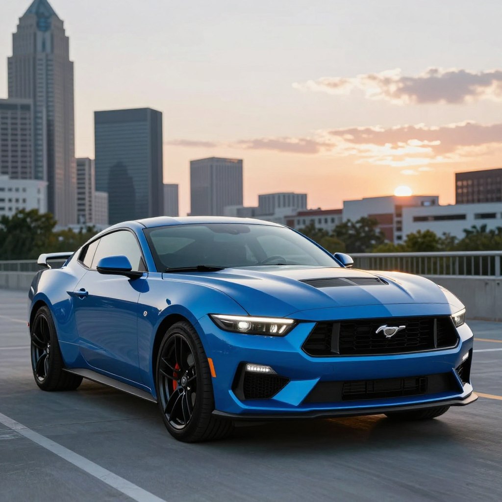 A sleek, futuristic 2026 Ford Mustang in the foreground, showcasing its aggressive design with sharp lines, a bold front grille, and LED headlights. The car is painted in a striking metallic blue color, glistening under soft, ambient daylight. In the middle ground, a dynamic cityscape reflects a blend of urban architecture and greenery, suggesting a modern environment. To the background, a sunlit horizon with soft clouds creates a hopeful atmosphere. The perspective is slightly low, emphasizing the car's muscular stance and making it the focal point. The image is captured with a 35mm lens to highlight the details, creating a vibrant and inviting mood that reflects excitement and anticipation for the next-generation muscle car.