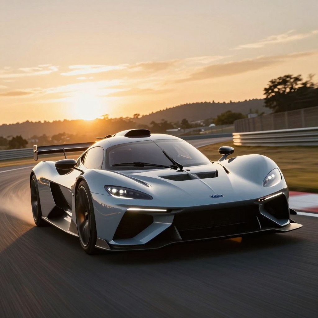 A sleek, futuristic 2026 Ford Nouvelle in a dynamic racing pose, showcasing its powerful motorisation. In the foreground, emphasize the car's aerodynamic design with its glossy paint reflecting light, highlighting sharp lines and an aggressive front grille. In the middle ground, capture the car on a winding racetrack, tires gripping the asphalt, with a blur of motion to convey speed. The background features a dramatic sunset sky, casting a warm golden hue, while distant hills create a sense of depth. Use cinematic lighting with strong contrasts to accentuate the contours of the car and dramatize its performance capabilities. The atmosphere is electric, evoking excitement and innovation in automotive engineering.