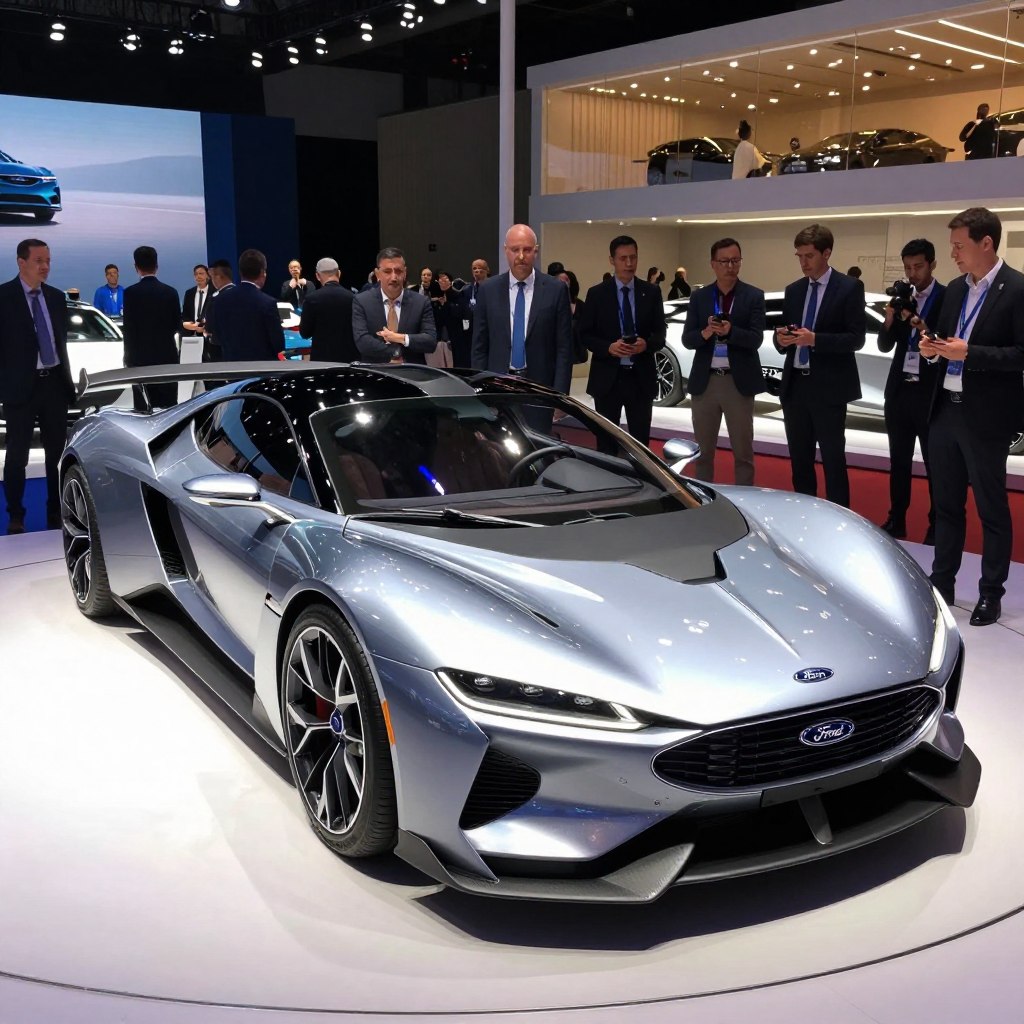 A sleek, futuristic 2026 Ford Nouvelle stands prominently at an automobile exhibition, showcasing its innovative design. In the foreground, the car's polished metallic surface reflects bright spotlights, highlighting its aerodynamic contours and bold front grille. Surrounding the vehicle, a diverse group of well-dressed attendees in business attire admires the latest features, engaging in lively discussions and exchanging thoughts. In the middle background, various automotive displays and promotional banners create a dynamic atmosphere, while excited journalists capture the moment with cameras. Soft, ambient lighting enhances the ambiance, casting gentle hues that emphasize the car's cutting-edge technology. The angle captures the car from a slightly elevated viewpoint, providing a comprehensive view of both the Ford Nouvelle and the vibrant atmosphere of the launch event.