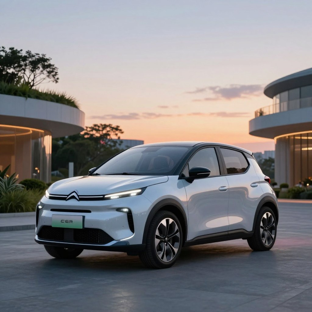 A sleek, futuristic Citroën C2 2026, showcasing cutting-edge electric technology, stands prominently in the foreground. The car has a streamlined design with bold, dynamic lines, illuminated headlights, and a flowing silhouette that suggests both speed and efficiency. In the middle ground, the vehicle is set in a modern urban environment featuring innovative architecture and lush greenery, emphasizing sustainability. The background highlights a vibrant sunset with a clear sky, casting soft, warm lighting, creating a serene yet optimistic atmosphere. The image is taken from a low angle to accentuate the vehicle's impressive stature, evoking a sense of forward-thinking and progress in automotive technology. The overall mood is inspiring and hopeful, perfect for illustrating the future of electric vehicles.