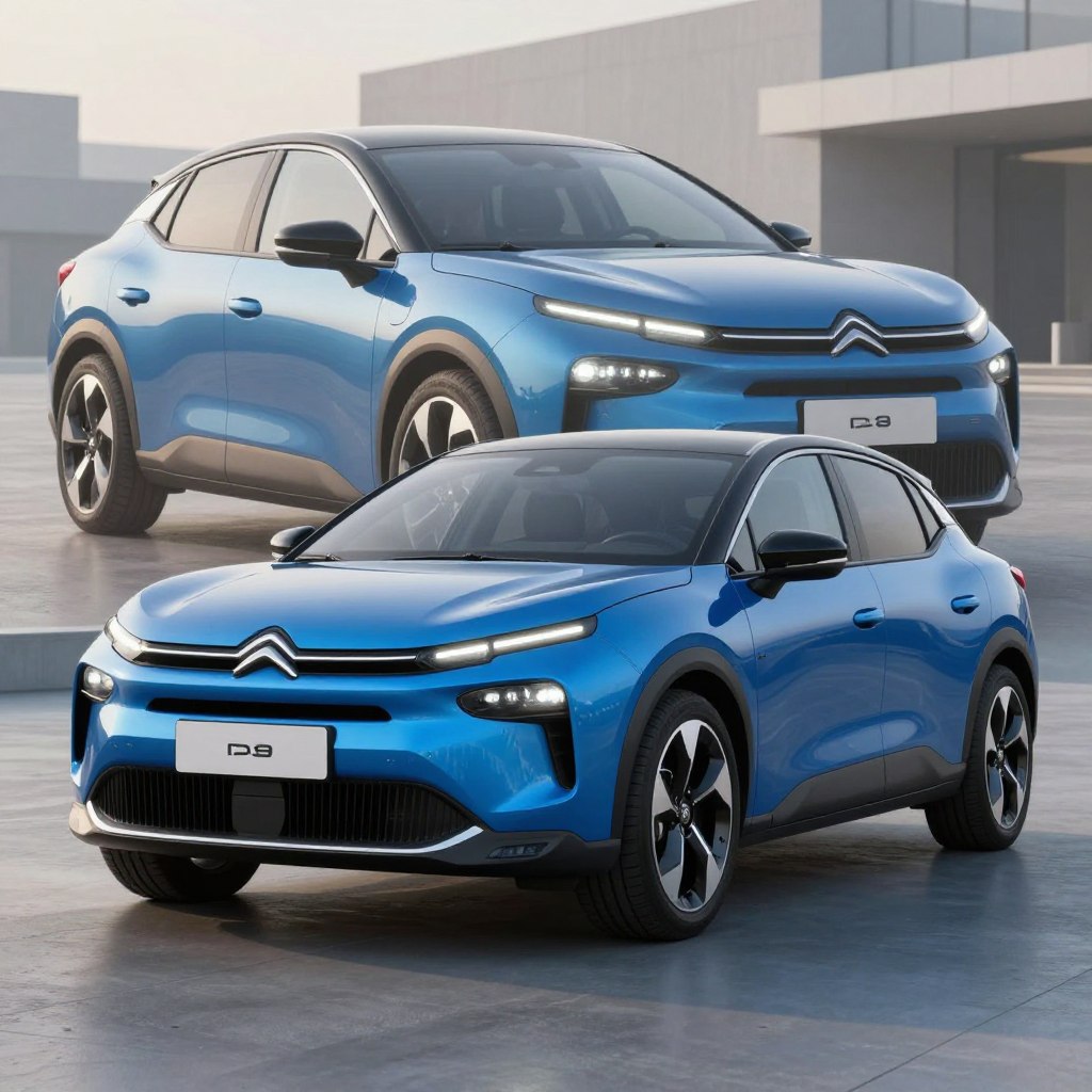A sleek, futuristic Citroën C4 2026 design stands confidently in the foreground. The car features smooth, aerodynamic lines with an innovative front grille and striking LED headlights. The body is painted in a vibrant metallic blue, showcasing its modern aesthetic. In the middle ground, a subtle comparison image of the previous Citroën C4 model is partially visible, hinting at the evolution of design. The background features a contemporary urban setting with soft daylight illuminating the scene, creating a professional atmosphere. The angle captures the car from a low perspective to emphasize its sporty appeal, with a slight tilt for a dynamic feel. Overall, the composition conveys a sense of progress and innovation in automotive design.