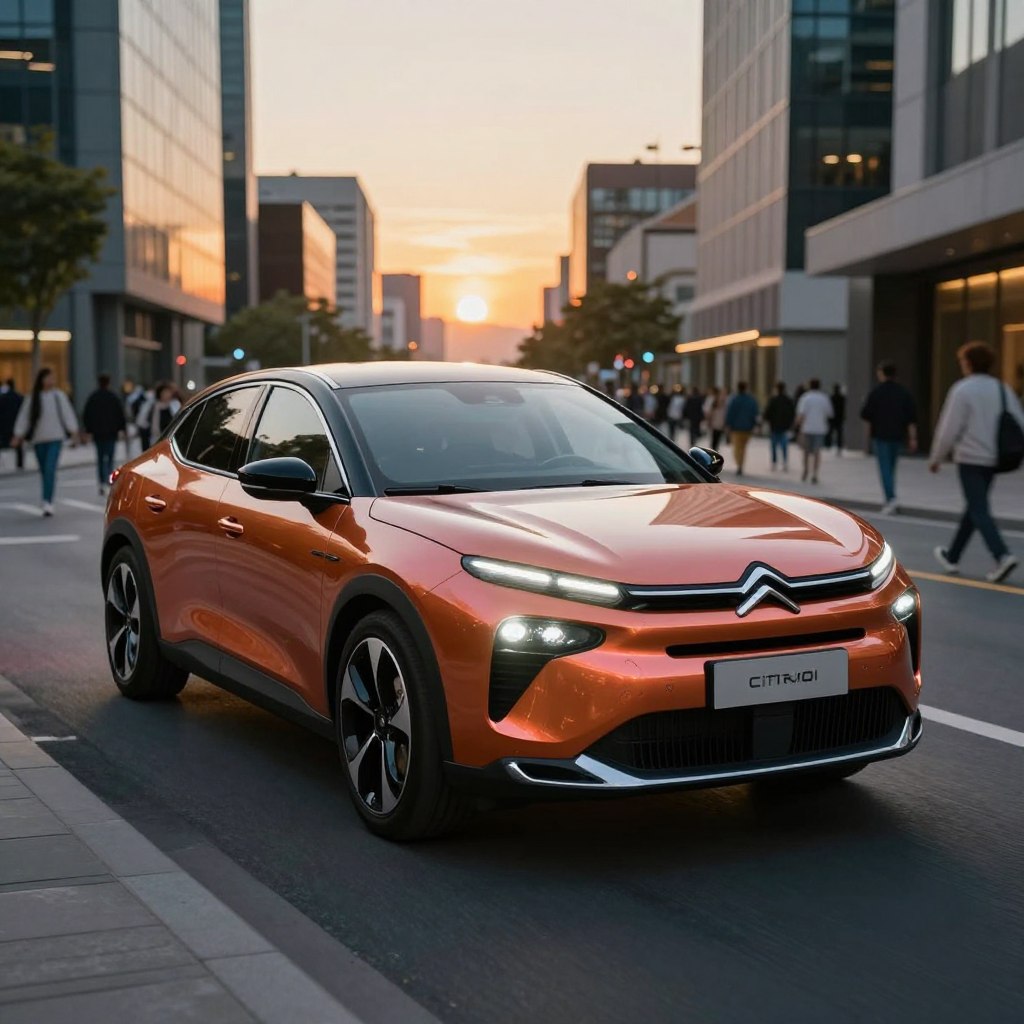 A sleek, futuristic Citroën C4 2026 parked on a dynamic urban street. The car boasts a glossy metallic finish in a vibrant color, with sharp lines and modern aesthetics showcasing its innovative design. In the foreground, the car's elegant headlights are illuminated, creating a striking focal point. The middle ground features the urban environment with contemporary architecture, bustling with life as people walk by in smart casual attire. In the background, a soft sunset casts warm golden hues across the skyline, enhancing the mood of anticipation and excitement for the car's upcoming launch. The scene is captured from a low angle, accentuating the car's presence against the urban landscape, with natural lighting that highlights its features without any distractions.
