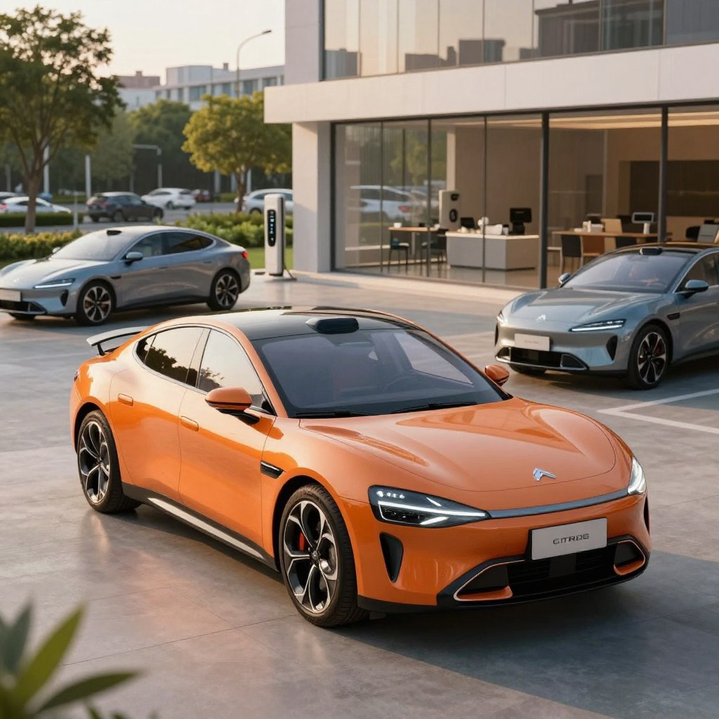 A sleek, futuristic Citroën electric car is prominently displayed in the foreground, emphasizing its streamlined design and vibrant color palette for 2026. The car features innovative LED lighting accents, showcasing its modern technology. Surrounding the vehicle, a contemporary electric vehicle dealership showcases additional models in the middle ground, with clean lines and large glass windows reflecting the latest in sustainable architecture. The background includes a bustling urban landscape with green spaces and electric charging stations, hinting at an eco-friendly atmosphere. The scene is bathed in warm, natural light during golden hour, casting soft shadows and enhancing the vehicle's details. The overall mood is optimistic and dynamic, encapsulating the future of electric mobility.