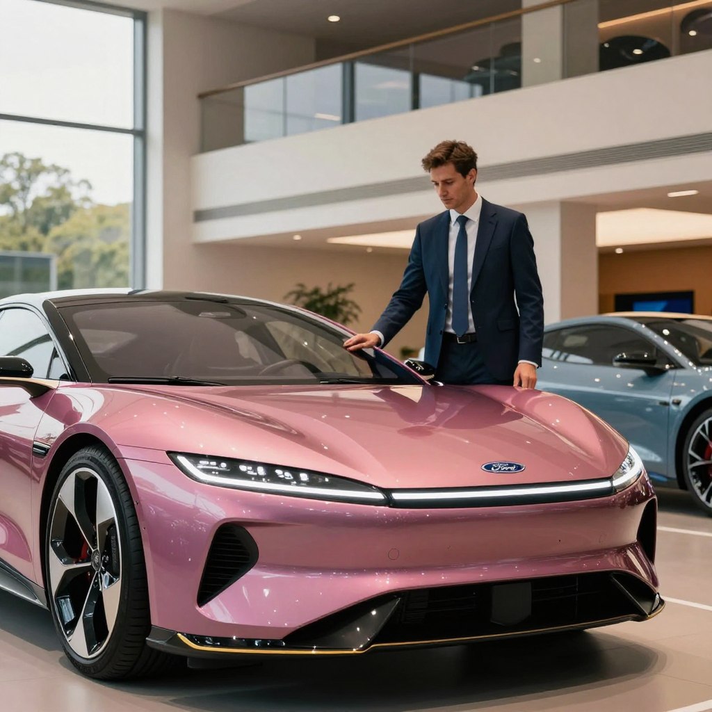 A sleek, futuristic Ford car prominently featured in the foreground, showcasing its innovative design and vibrant color. In the middle ground, a professional business person dressed in a tailored suit examines the vehicle closely, demonstrating preparation for a purchase. The background features a modern car dealership in France with elegant architectural lines, enhancing the atmosphere of sophistication. Soft, natural lighting filters through the large windows, creating a warm and inviting ambiance. The composition uses a slightly low angle to emphasize the car's stature, evoking excitement about the upcoming Ford models in 2026. The overall mood is one of anticipation and professionalism, capturing the essence of preparing for an important purchase.