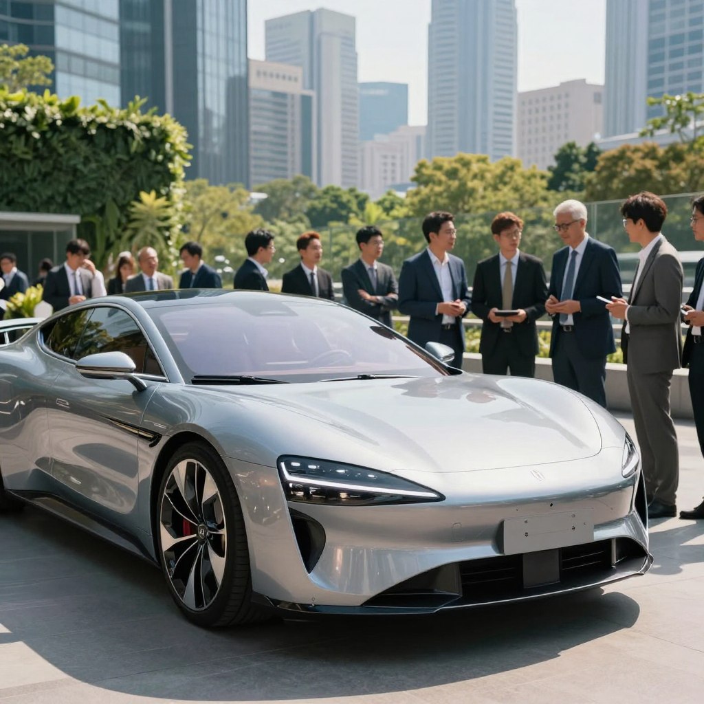 A sleek, futuristic luxury car design showcased in a vibrant urban setting reflecting economic growth. The foreground features the car's high-gloss paint and innovative aerodynamics, highlighting luxurious details like LED headlights and futuristic rims. In the middle ground, a diverse group of professionals, dressed in business attire, admires the vehicle while engaging in discussions, symbolizing market potential. The background features a modern skyline with eco-friendly buildings, lush greenery, and subtle hints of technological advancements. Soft, natural lighting casts dynamic shadows, evoking a sense of optimism and innovation. The camera angle is slightly low, emphasizing the car's stature and elegance, creating a mood of sophistication and forward-thinking.