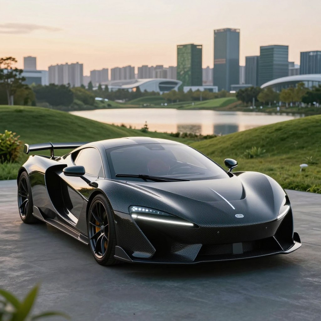A sleek, futuristic luxury car emerges in the foreground, showcasing a polished exterior composed of sustainable materials, such as recycled carbon fiber and bio-based composites. The car's aerodynamic design features sharp lines and integrated smart technologies, with glowing LED accents. In the middle ground, a lush green landscape, symbolizing eco-friendliness, complements the vehicle, featuring soft hills and a serene lake. The background includes a modern city skyline with eco-conscious buildings, hinting at advanced urban development. The scene is illuminated with warm, golden sunlight, casting soft reflections off the car’s surface, enhancing its luxurious appeal. A low angle perspective emphasizes the vehicle's majestic presence, creating an atmosphere of innovation and sophistication.