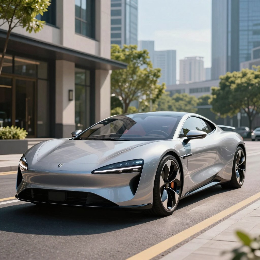 A sleek, futuristic luxury electric car parked elegantly on a sunlit street, showcasing its aerodynamic lines and upscale features. In the foreground, polished chrome accents reflect the sunlight, while the car’s high-tech dashboard is visible through the tinted windows. In the middle ground, a stylish urban environment with modern architecture and greenery complements the sophisticated design of the vehicle. The background features a blurred city skyline under a clear blue sky, emphasizing the vehicle's cutting-edge technology. Soft, natural lighting enhances the scene, and a low-angle perspective captures the grandeur and innovation of luxury electric cars in 2026, evoking a sense of excitement and sophistication. No people present in the image.