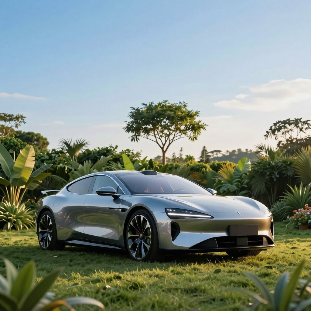 A sleek, futuristic luxury electric car parked in a lush green environment that showcases sustainable living. In the foreground, the car is polished with a reflective, aerodynamic design, featuring elegant lines and a modern aesthetic. The middle ground includes various eco-friendly plants and a small tree to emphasize its connection to nature. In the background, a clear blue sky is illuminated by soft, golden sunlight, creating a serene and optimistic atmosphere. The scene is framed with a slight low-angle perspective, highlighting the car's impressive stature against the vivid landscape. The overall mood conveys luxury intertwined with environmental consciousness, symbolizing the importance of sustainability in future automotive design.