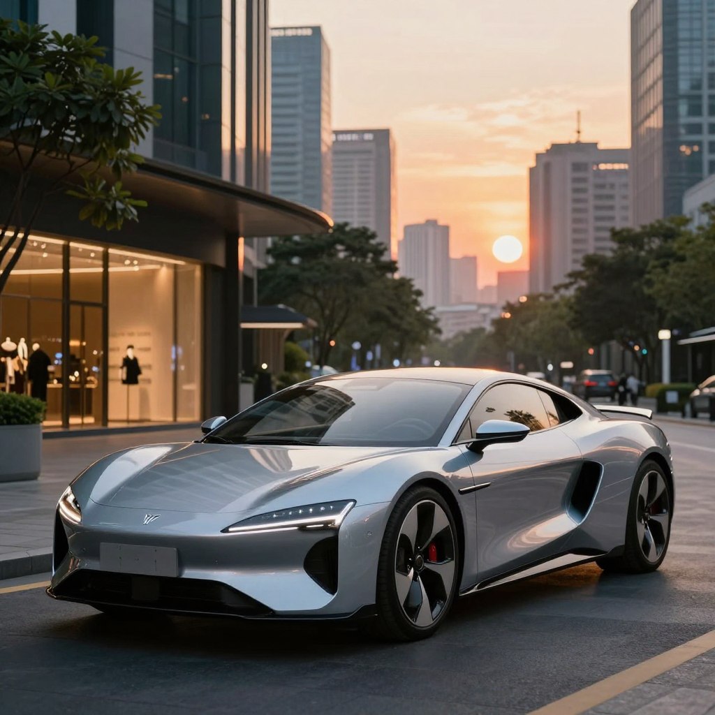 A sleek, futuristic luxury electric car parked in an upscale urban environment, showcasing innovative design elements like aerodynamic curves and sustainable materials. The foreground features the car's clean lines glimmering under soft, warm lighting, reflecting the sun's rays at golden hour. In the middle ground, high-end shops and modern architecture create a sophisticated atmosphere, while lush greenery adds a touch of nature to highlight the eco-friendly theme. The background consists of a vibrant cityscape, with skyscrapers silhouetted against a colorful sunset. The mood is aspirational and serene, conveying a sense of elegance and sustainability in the luxury market of 2026. No people are present, ensuring a focus on the vehicle and its surroundings.