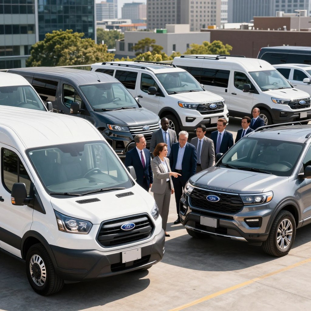 A sleek lineup of 2026 Ford utility vehicles showcasing their robust design and professional appeal. In the foreground, focus on a modern Ford Transit van and a rugged Ford Explorer, both gleaming under bright, natural sunlight. The middle ground features a diverse group of professionals in business attire, discussing the vehicles and pointing at their features, conveying teamwork and utility. The background includes a cityscape to highlight the vehicles' practicality and versatility within urban environments. Use a wide-angle lens to capture the vehicles and the professionals, creating a dynamic perspective. The atmosphere is vibrant and energetic, emphasizing innovation and reliability.