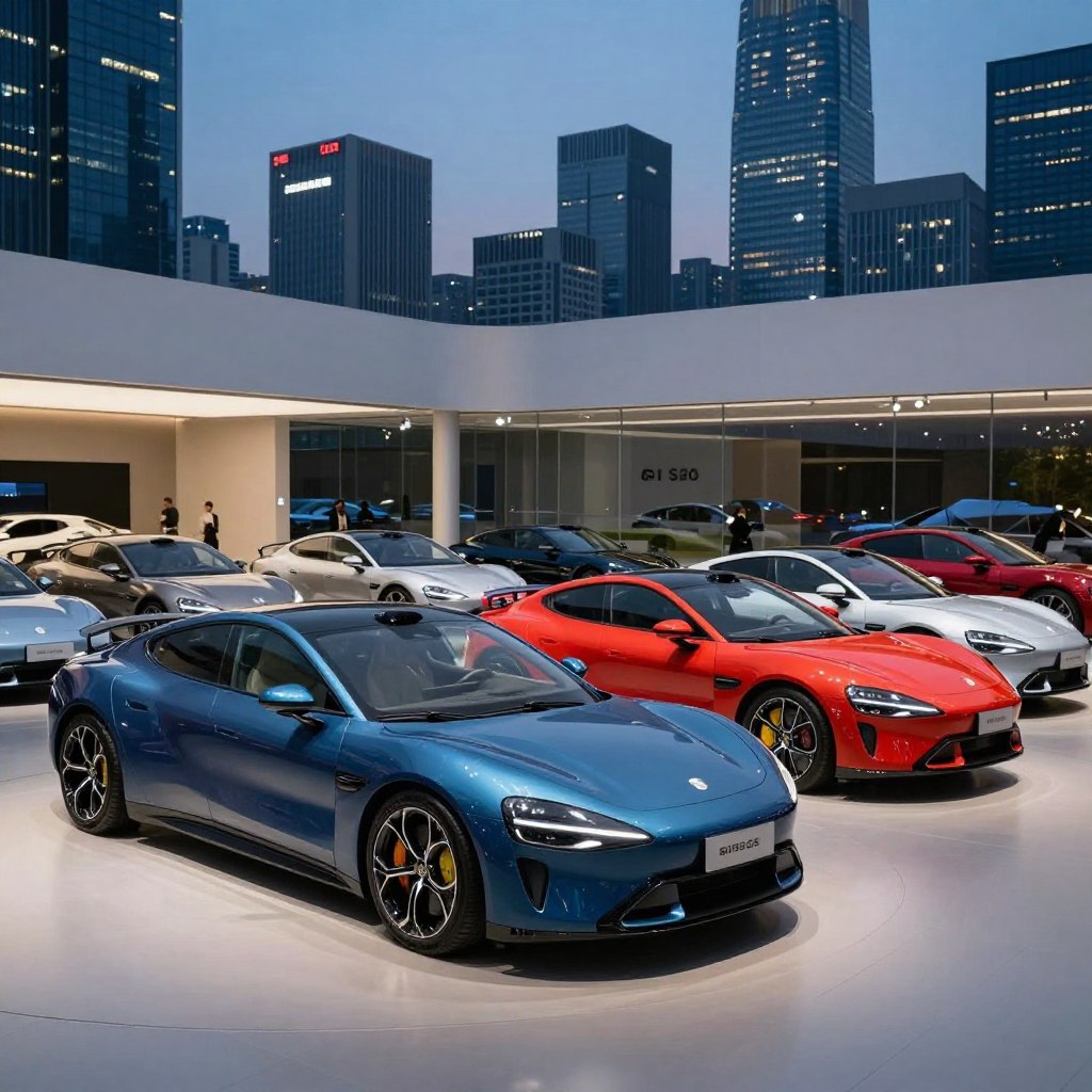A sleek lineup of luxury cars for 2026 occupies the foreground, showcasing various high-end models with elegant curves and aerodynamic designs. Each car features distinct colors and finishes — deep blues, shimmering silvers, and vibrant reds — reflecting a sophisticated aesthetic. The middle ground includes a modern automotive showroom with large glass windows and polished floors, enhancing the exclusivity of the setting. In the background, a cityscape with illuminated skyscrapers under a twilight sky adds a dynamic urban backdrop. Soft, ambient lighting highlights the contours of the vehicles, evoking a sense of excitement and anticipation. The atmosphere is luxurious and innovative, hinting at the cutting-edge technology underlying the new models without any distractions.