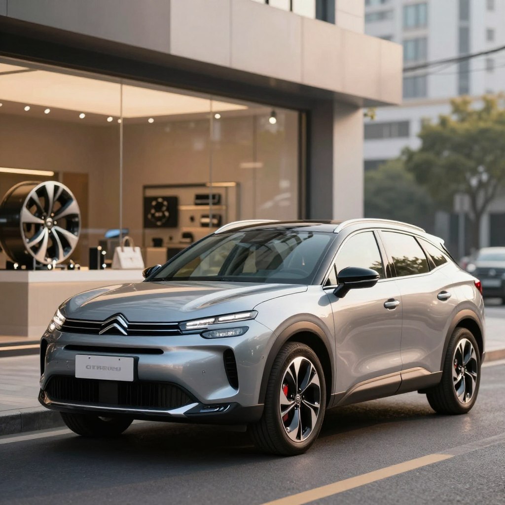 A sleek, modern 2022 Citroën SUV, showcasing its elegant design lines and glossy finish, positioned prominently in the foreground. The SUV is parked on a stylish city street, emphasizing its luxury and performance features. In the middle ground, blur out a display of elegant accessories and optional features, like stylish wheel choices and premium interior elements visible through tinted windows. Soft morning light casts a warm glow, highlighting the SUV’s unique contours and chrome accents, while a blurred cityscape serves as a sophisticated background to reflect an urban lifestyle. Capture the mood of innovation and upscale functionality, with a clear focus on the Citroën’s dynamic presence.