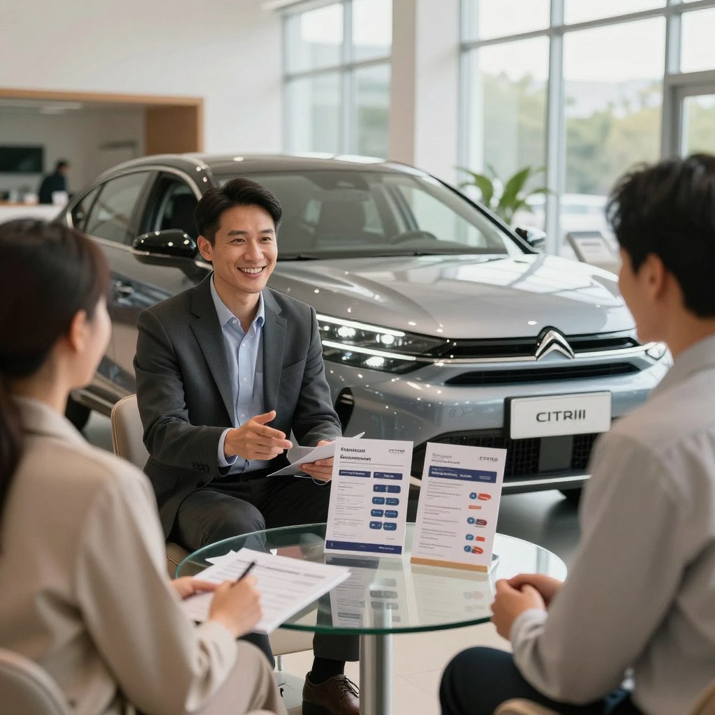 A sleek, modern 2026 Citroën sedan showcased prominently in a professional dealership environment. The car's smooth lines and dynamic design are highlighted with polished surfaces and sophisticated detailing. In the foreground, a well-dressed finance consultant engages with a potential customer, both smiling and discussing financing options. The middle ground features tasteful financing brochures displayed on a minimalist glass table, showcasing various plans with visual representations. In the background, the dealership is well-lit with natural light pouring through large windows, creating an inviting atmosphere. A blend of professional yet approachable ambiance conveys trust and excitement about the new Citroën sedan. Use soft, warm lighting to enhance the overall feel, focusing the shot with a slight depth of field to emphasize the subjects in focus.