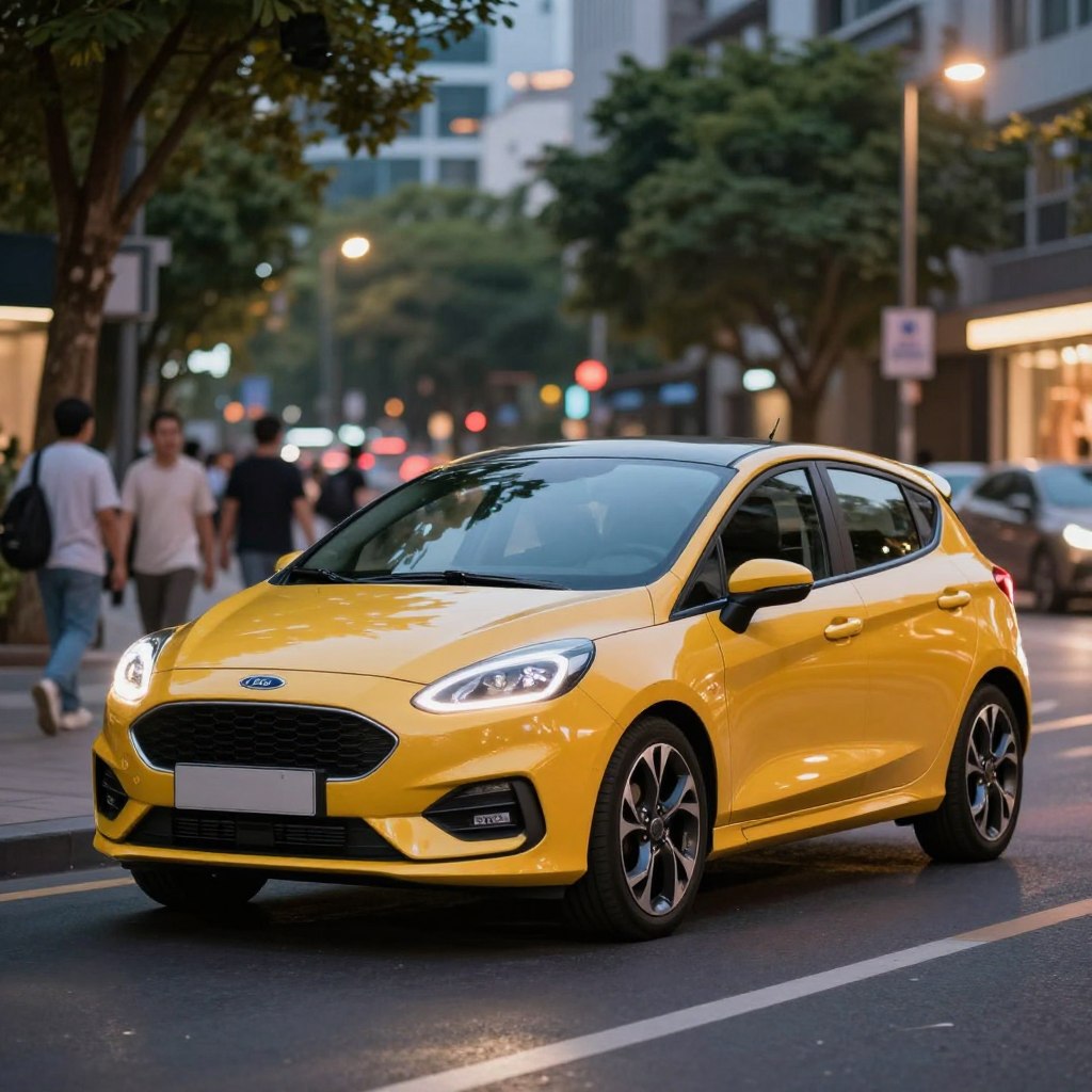 A sleek, modern 2026 Ford Fiesta is parked prominently in the foreground, showcasing its compact yet stylish design. The car's vibrant color highlights its aerodynamic lines and contemporary features, with chrome accents reflecting nearby streetlights. In the middle ground, a lush urban environment hints at a bustling city, with pedestrians in modest casual clothing walking by, while trees softly frame the scene. The background features a blur of cityscape, emphasizing the car's potential as an urban companion. Soft, ambient evening lighting casts warm shadows, enhancing the car's polished exterior. The overall mood is inviting and energetic, capturing the excitement of the new Ford Fiesta model ready for adventure.