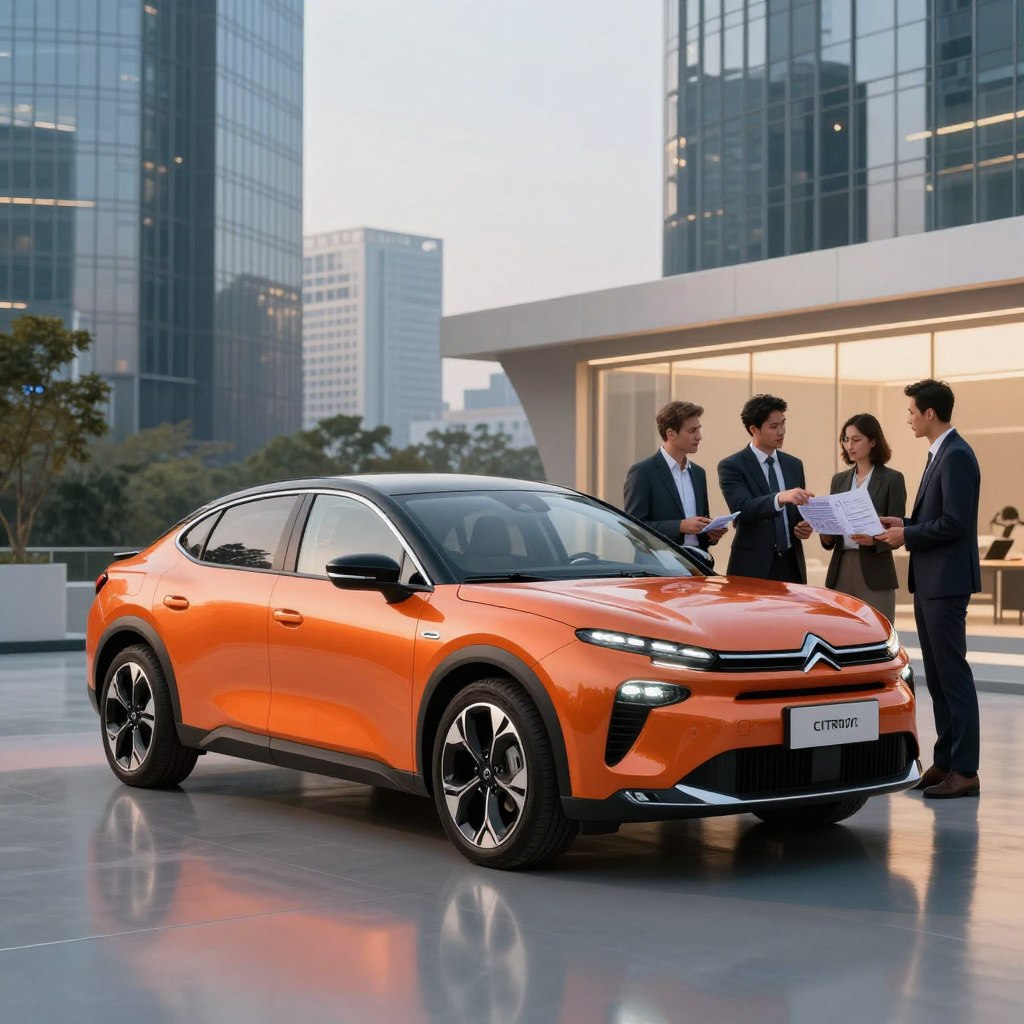 A sleek, modern Citroën 2026 model prominently displayed in the foreground, showcasing its innovative design and vibrant colors. The car is parked on a smooth, reflective surface that suggests a dynamic financial environment. In the middle ground, a diverse group of well-dressed professionals—men and women in business attire—are engaged in a discussion, pointing at charts and financial documents related to vehicle financing. The background features an urban setting with glass skyscrapers, symbolizing progress and modernity. Soft, ambient lighting illuminates the scene, casting gentle shadows that enhance the professional atmosphere. A wide-angle view captures the harmonious interaction between the car and the business professionals, evoking a sense of excitement for Citroën's 2026 offers and financing conditions.