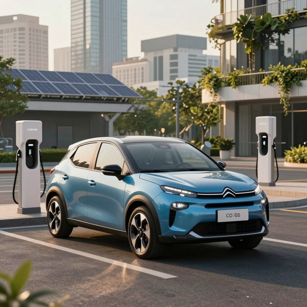 A sleek, modern Citroën C2 2026 électrique parked on a dynamic urban street, showcasing its aerodynamic design and futuristic blue color. In the foreground, the car is slightly angled, highlighting its smooth curves and distinctive LED headlights. The middle ground features electric charging stations, emphasizing its eco-friendly aspect. In the background, a bustling city skyline with solar panels on rooftops and greenery entwined with modern architecture creates a harmonious blend of nature and technology. Soft golden hour lighting bathes the scene, casting long shadows and creating a warm, inviting atmosphere. The perspective is low, capturing the essence of innovation and competition in the electric vehicle market, without any text or additional elements.