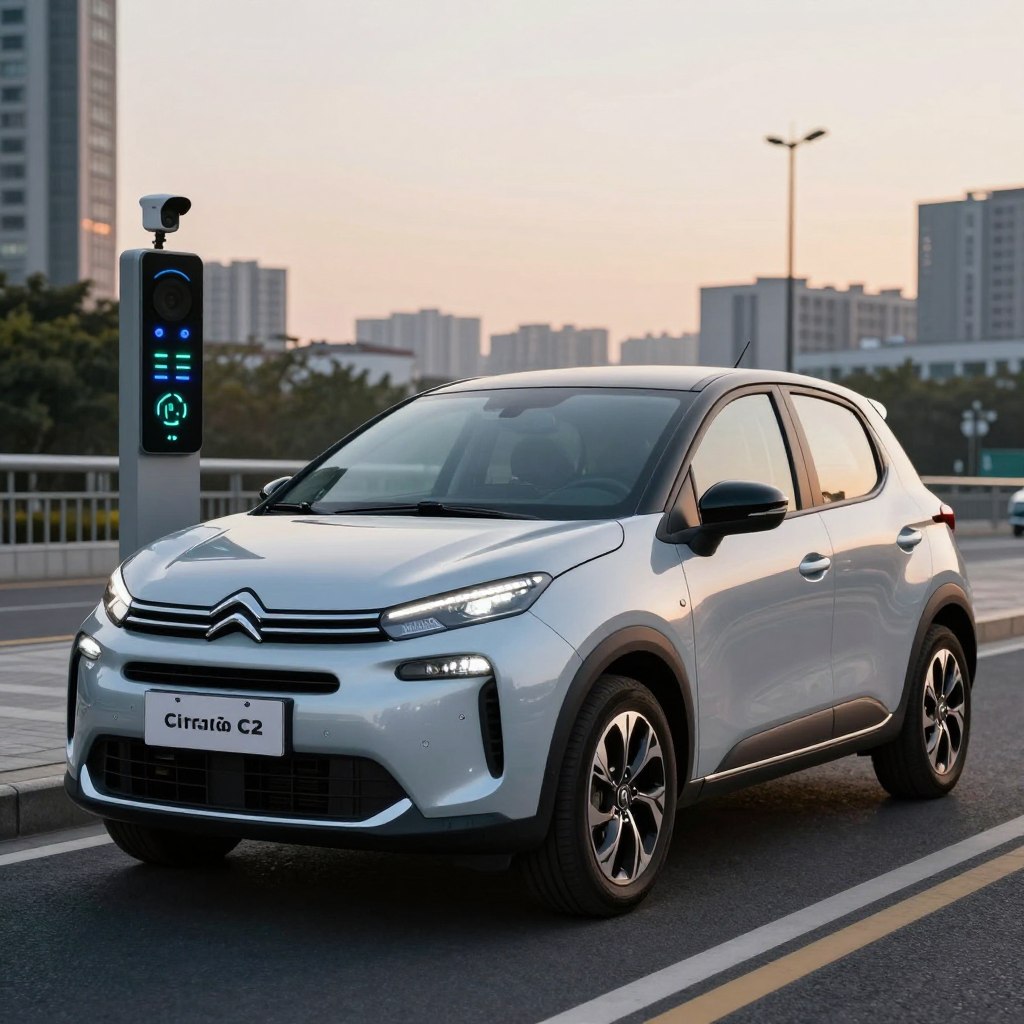 A sleek, modern Citroën C2 2026 in a dynamic urban setting, highlighting its advanced safety features. The foreground showcases the car's innovative design, with a focus on the front grille and headlights, emphasizing the latest technology. In the middle ground, the vehicle is positioned near a smart traffic system, displaying sensors and cameras that enhance safety on the road. The background features a cityscape with soft evening light, reflecting an atmosphere of safety and modernity. The scene is captured from a slightly low angle, giving a powerful impression of the vehicle. The overall mood is confident and reassuring, illustrating the promise of cutting-edge safety in the Citroën C2 2026.